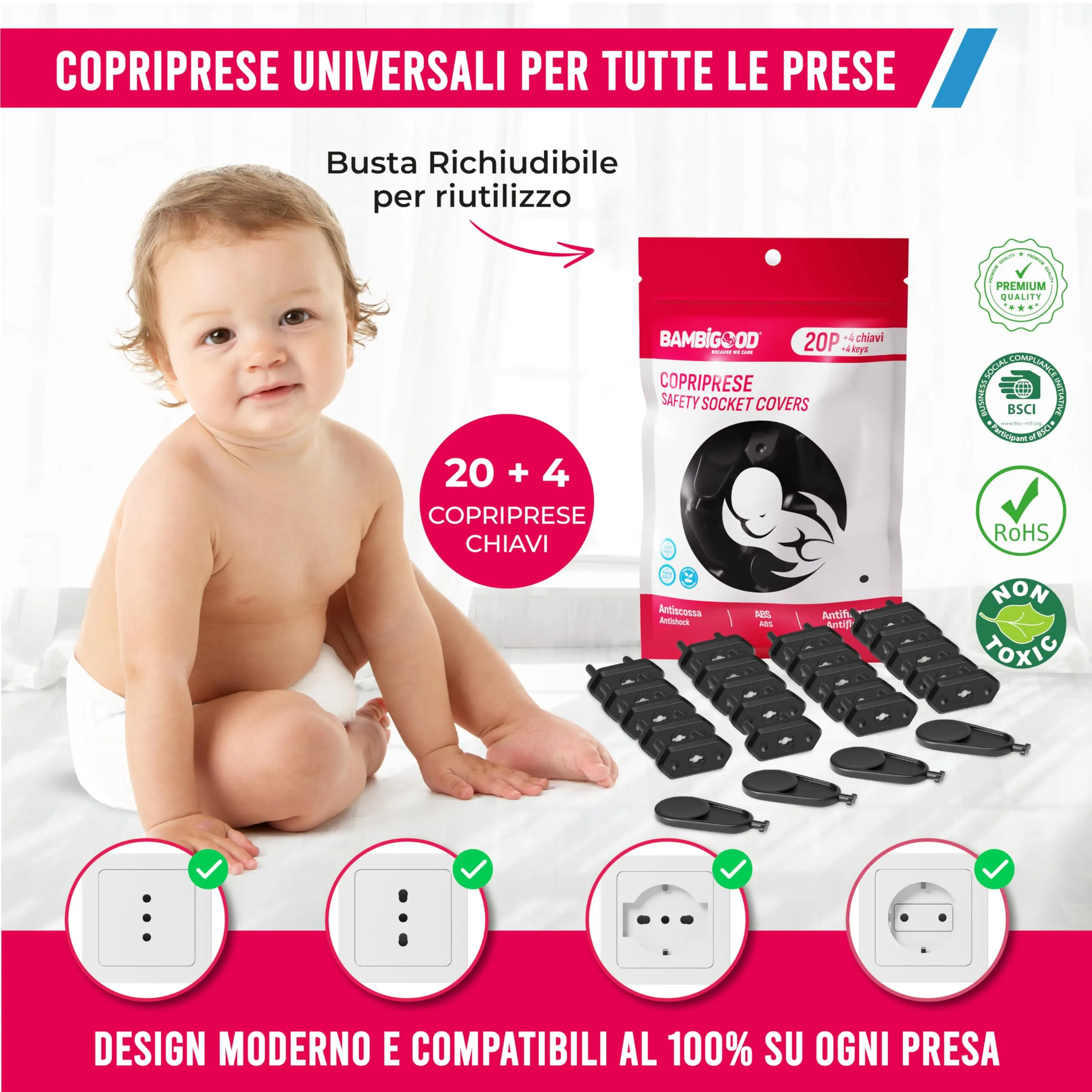 BAMBIGOOD Set 20+4 Copriprese per Bambini Nere, Protezione Prese 10A, 16A e Schuko - immagine 2