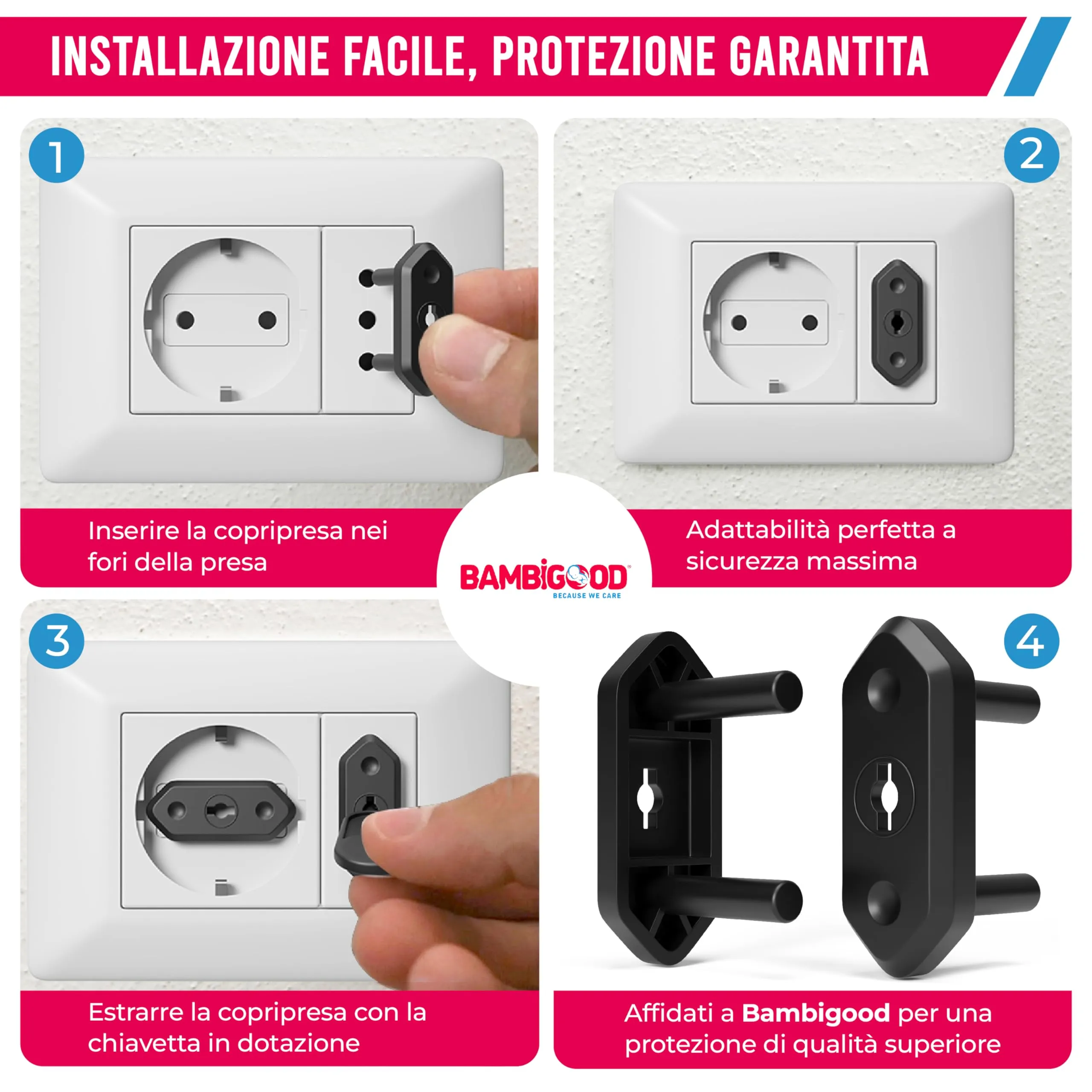BAMBIGOOD Set 20+4 Copriprese per Bambini Nere, Protezione Prese 10A, 16A e Schuko - immagine 4