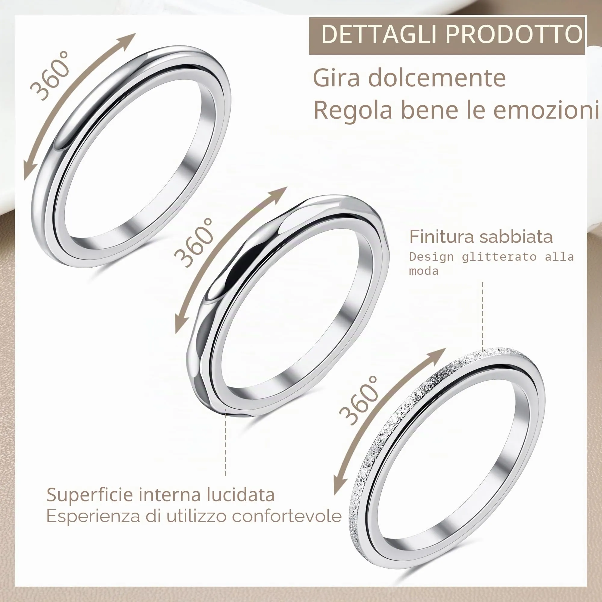 Adramata Anelli Antistress Spinner in Acciaio Inossidabile per Donna, Set da 3 Pezzi - immagine 2