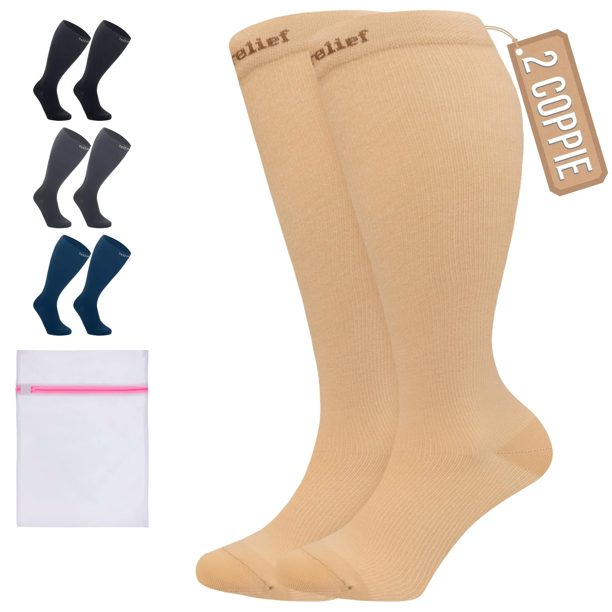 360 Relief Calze a Compressione Graduata per Donna e Uomo, 15-20 mmHg, 4XL, Beige - immagine 1