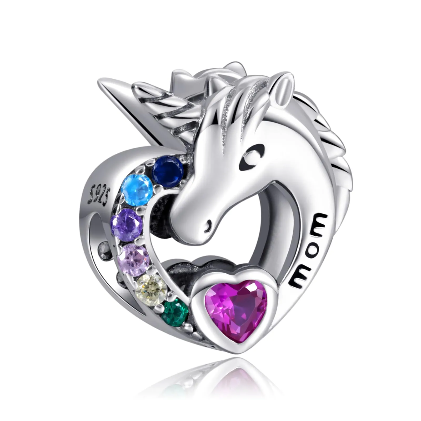NINGAN 925 Sterling Silver Cuore Unicorno Mamma Charms Perline Ciondolo Zircone Colorato - immagine 1