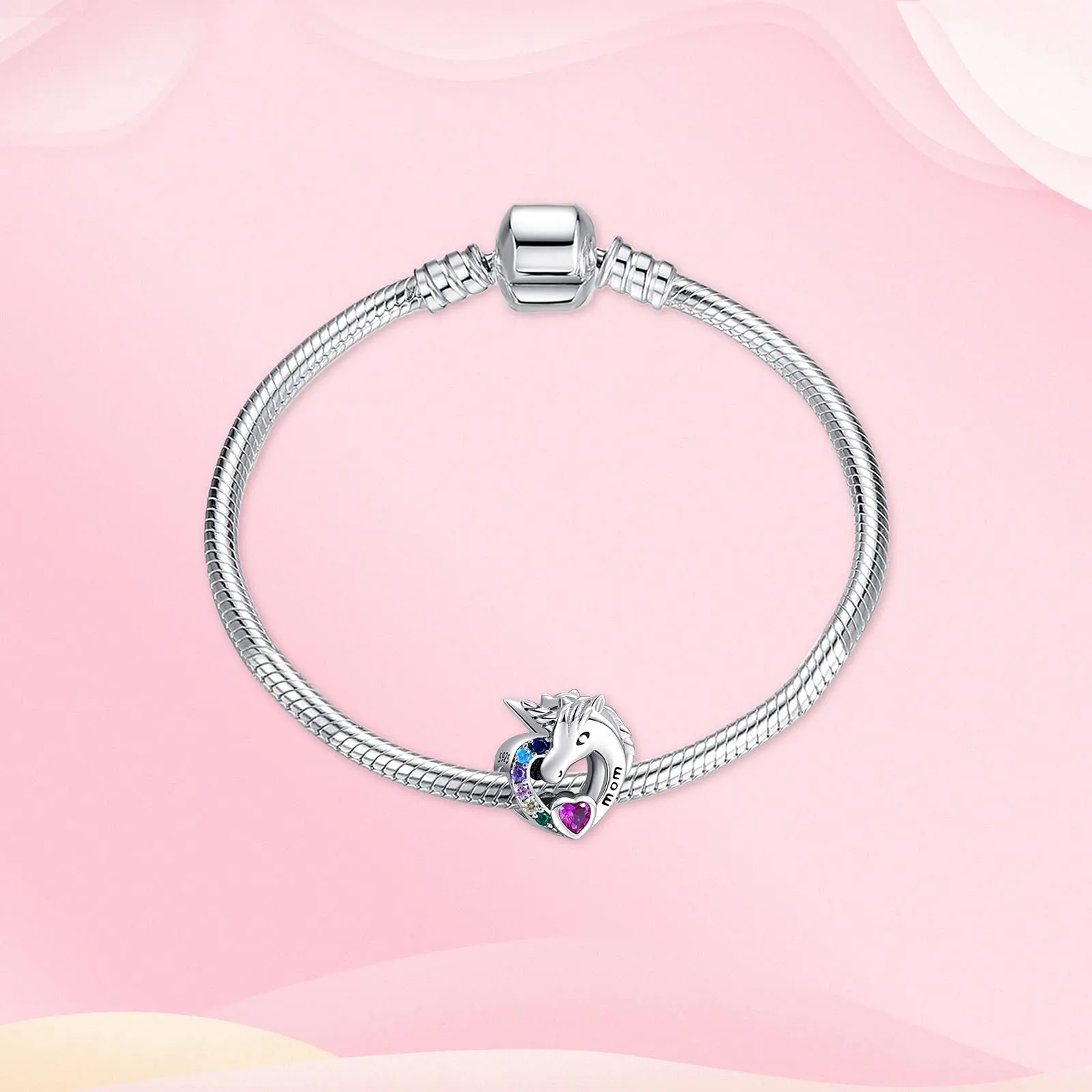 NINGAN 925 Sterling Silver Cuore Unicorno Mamma Charms Perline Ciondolo Zircone Colorato - immagine 2