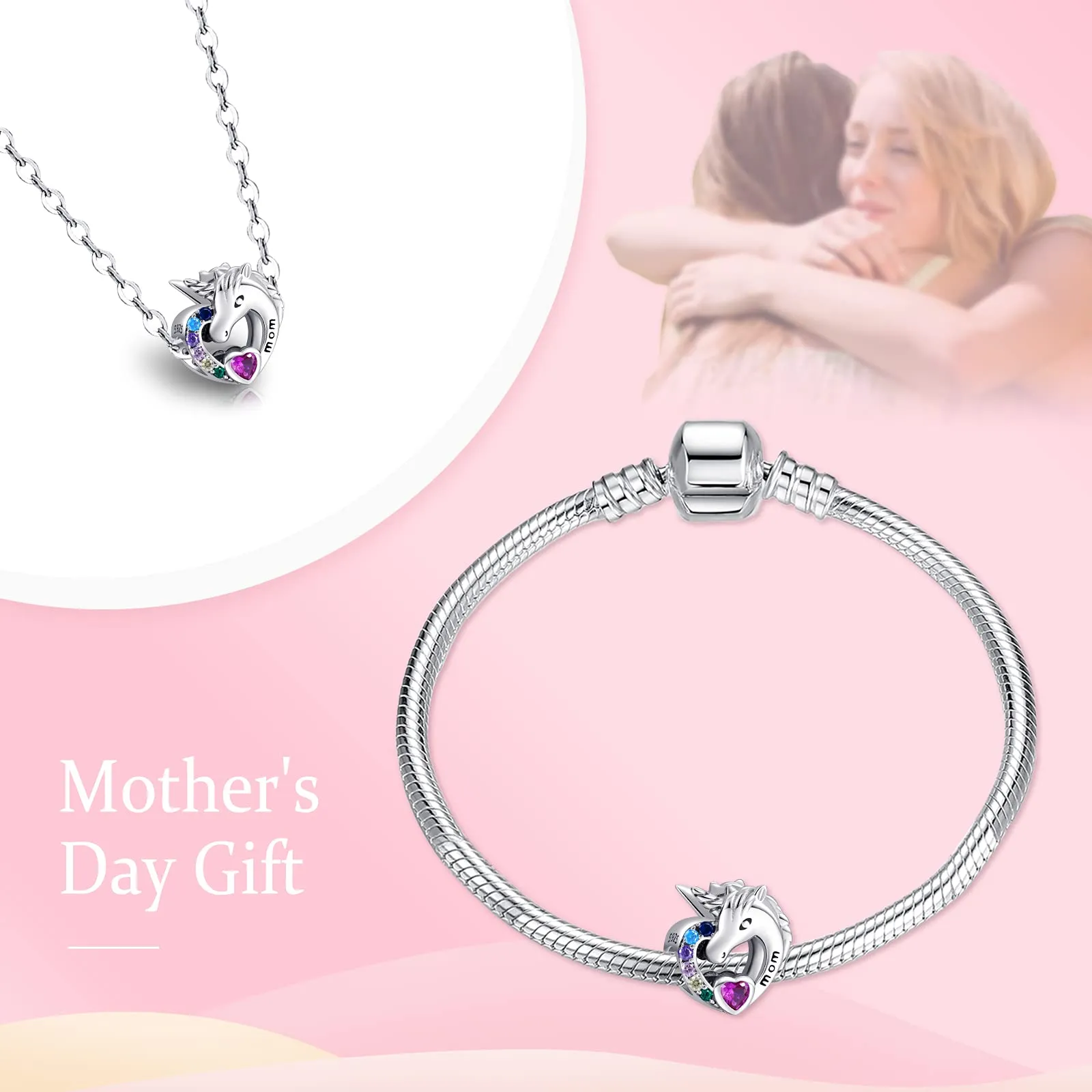NINGAN 925 Sterling Silver Cuore Unicorno Mamma Charms Perline Ciondolo Zircone Colorato - immagine 3