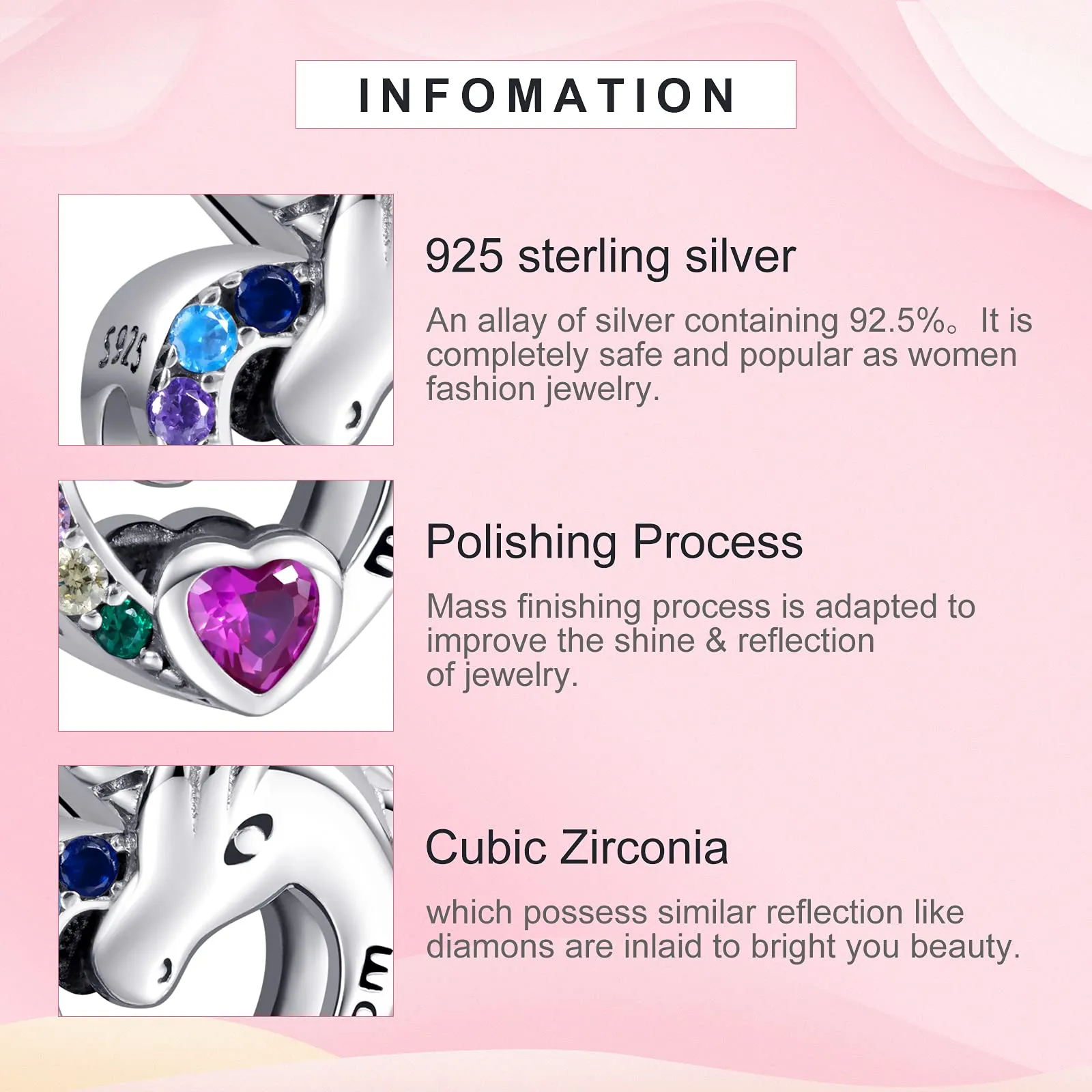NINGAN 925 Sterling Silver Cuore Unicorno Mamma Charms Perline Ciondolo Zircone Colorato - immagine 5