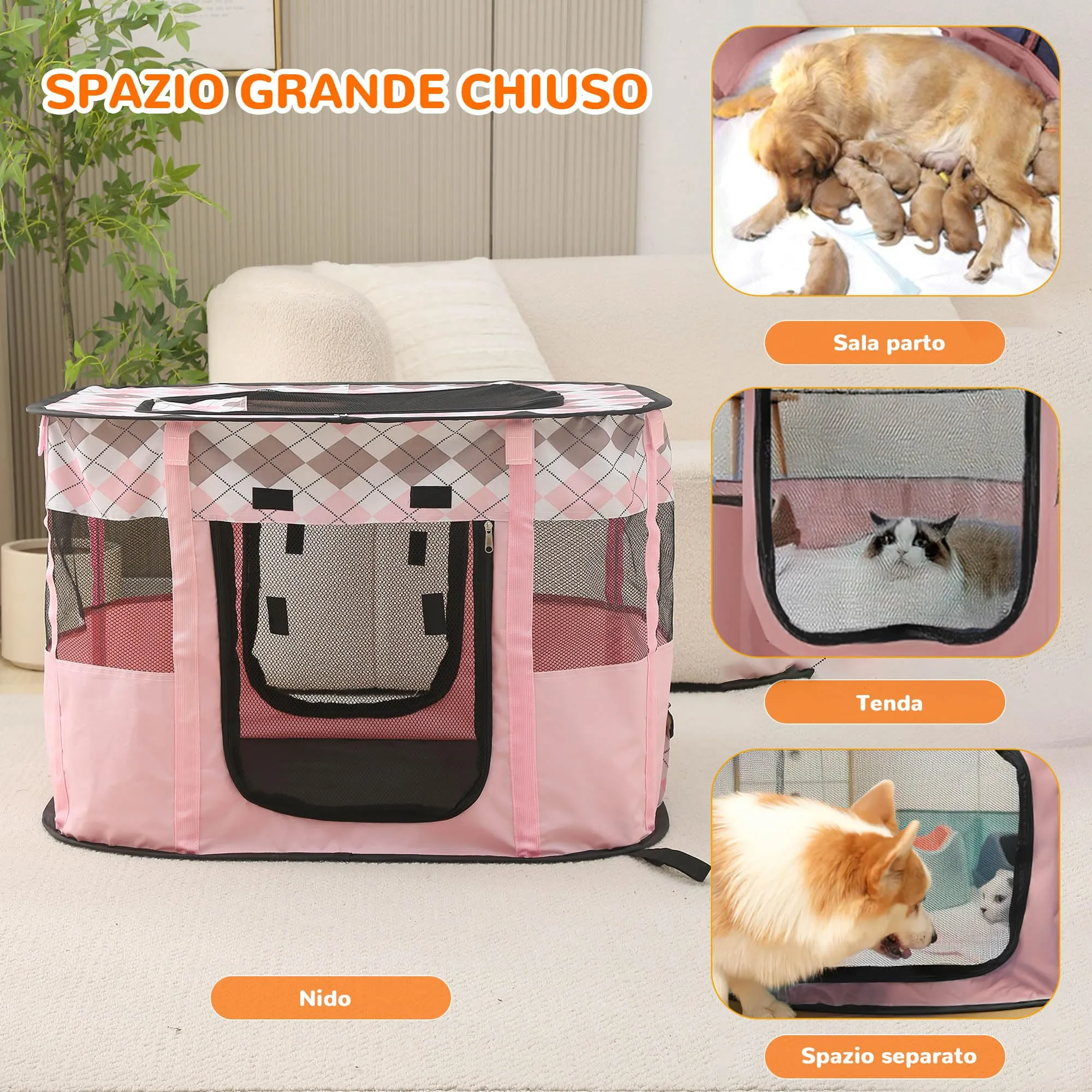 ALLSOPETS Recinto per Cani da Interno Pieghevole, Quadri Rosa, XXL - immagine 3