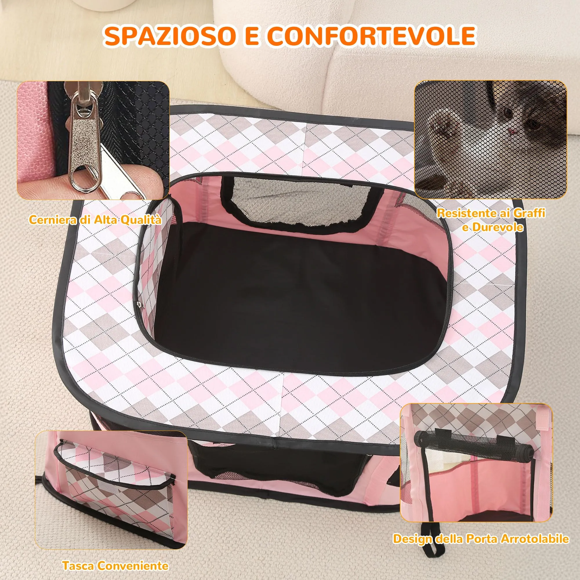 ALLSOPETS Recinto per Cani da Interno Pieghevole, Quadri Rosa, XXL - immagine 4