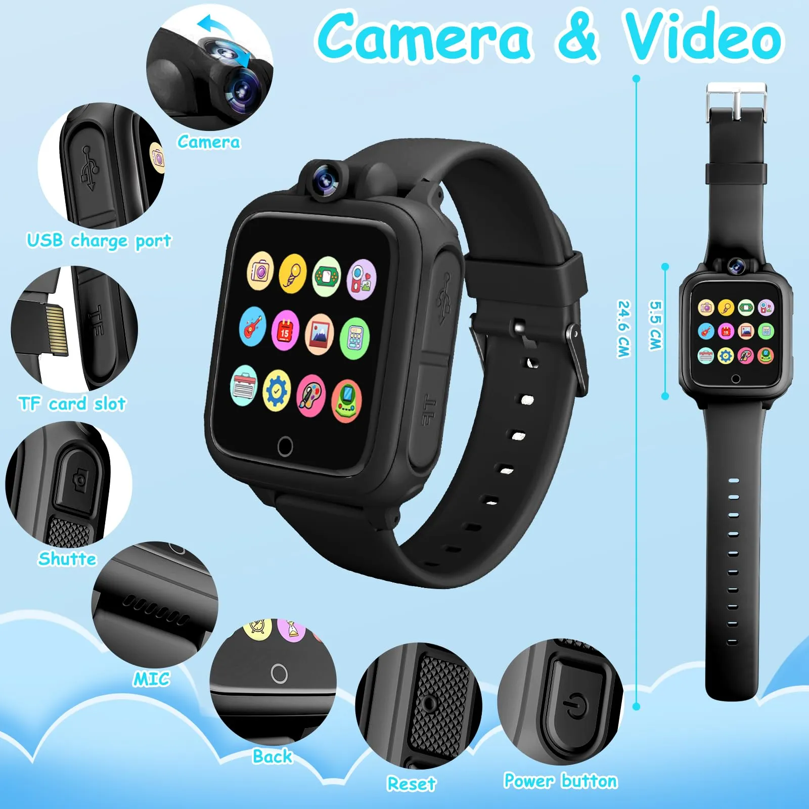 Diswoe Smartwatch per Bambini, 26 Giochi, Contapassi, Calorie, Nero - immagine 7