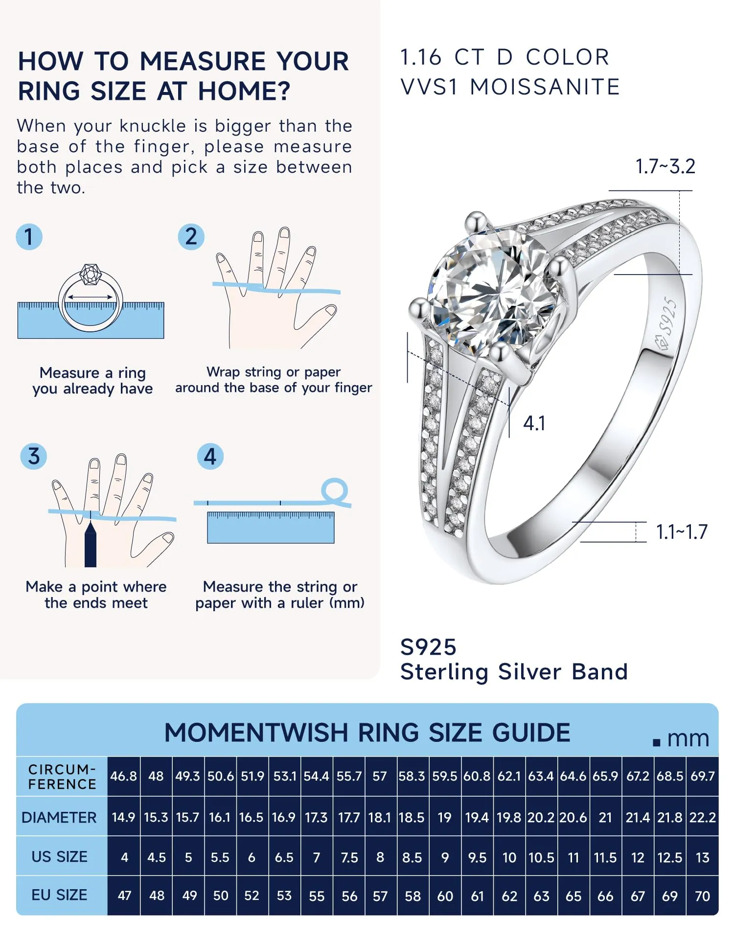 MomentWish Anello in Argento 925 con Moissanite 1ct Taglia 56 - immagine 6