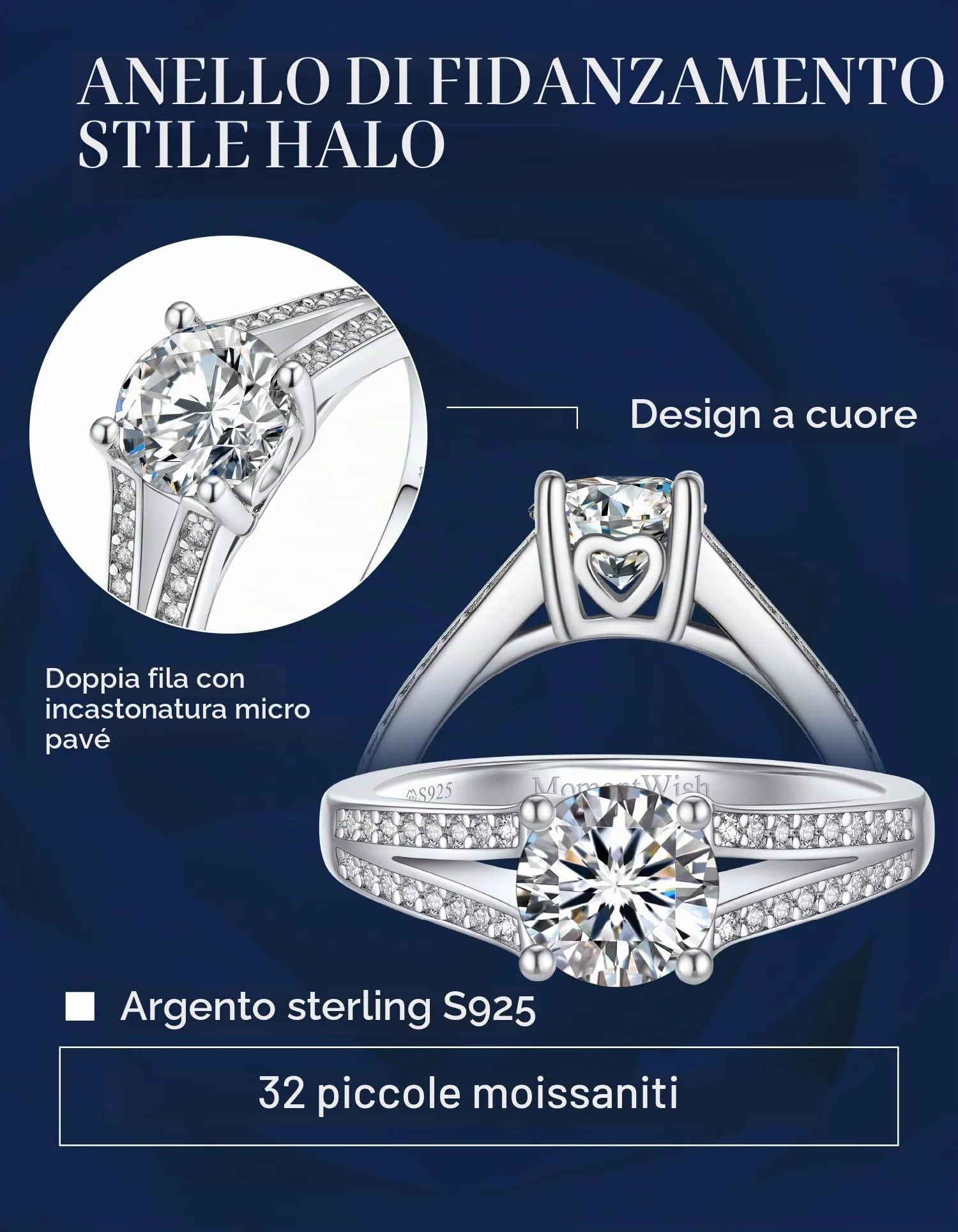 MomentWish Moissanite Anello 1ct Argento 925 Taglia 53 - immagine 4