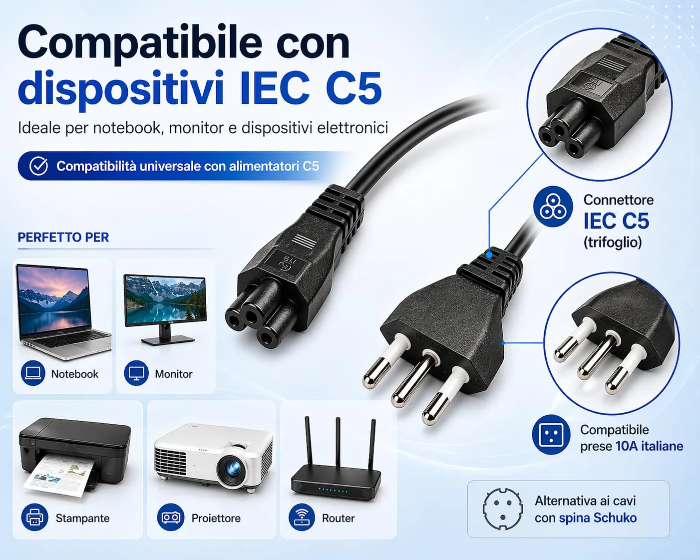 Prometeo Electronics Cavo Alimentazione Notebook 1,8m IEC C5 Trifoglio Spina Italiana 3 Poli 10A 250V IMQ - immagine 6