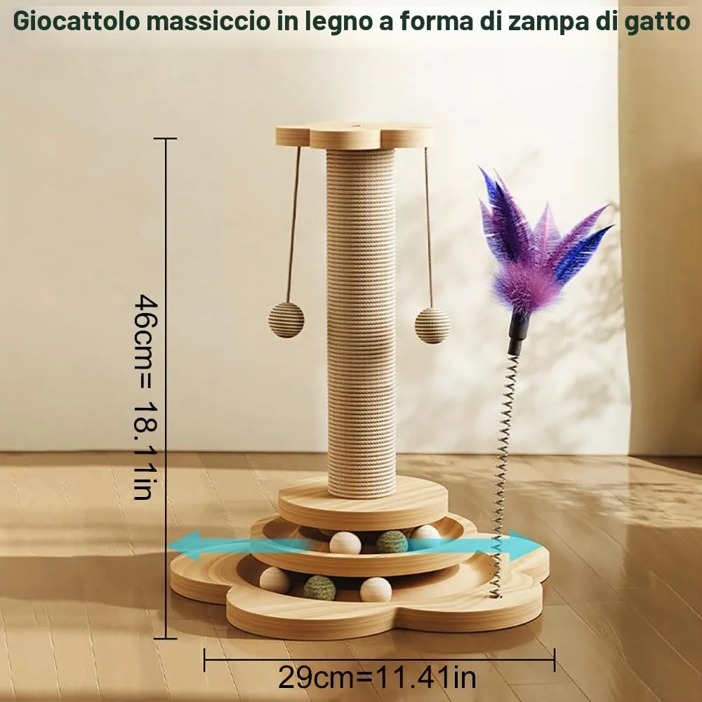 Accmuzzy Tiragraffi per Gatti 4-in-1 in Legno e Sisal, Centro di Attività con Palline di Erba Gatta, 29 x 46 cm - immagine 2