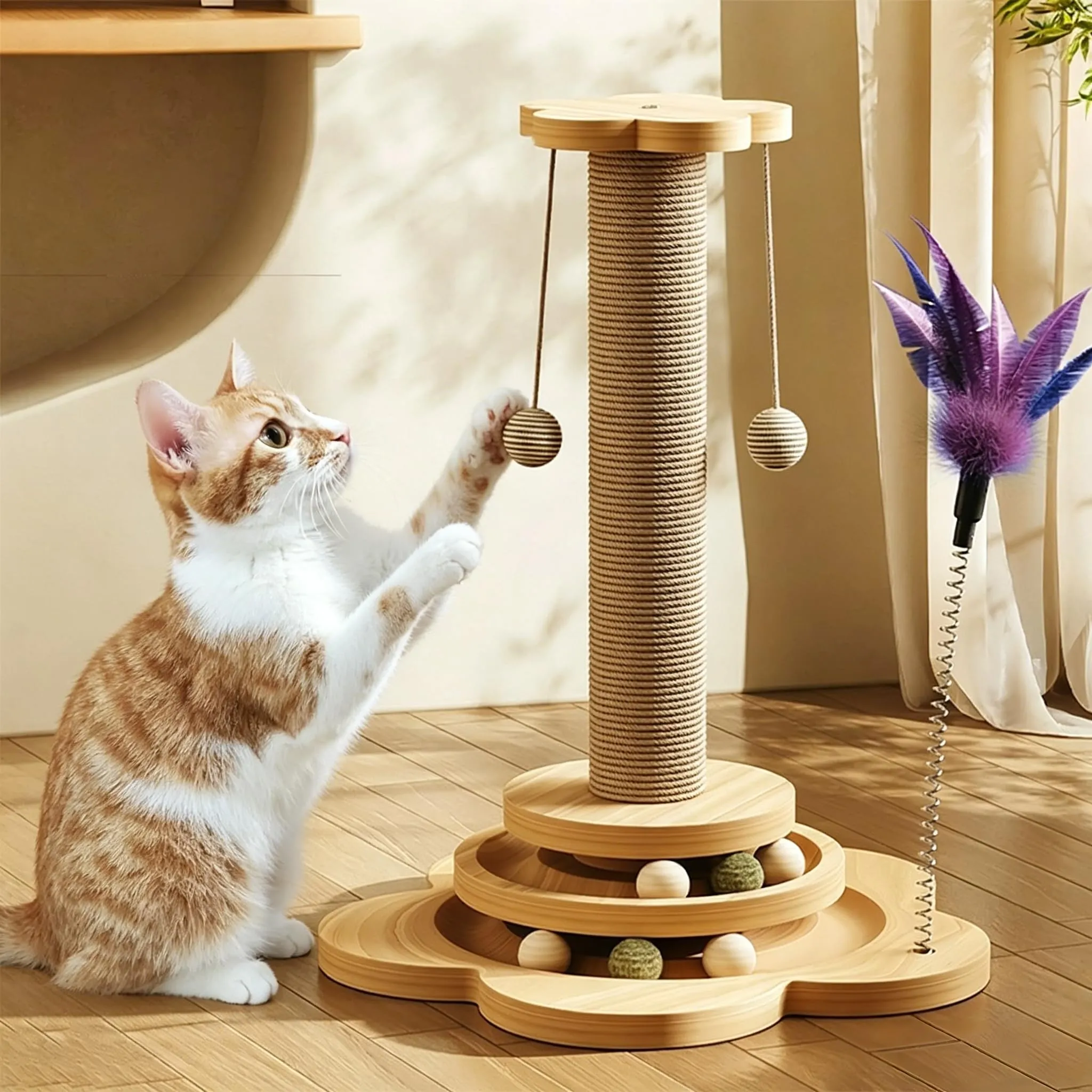 Accmuzzy Tiragraffi per Gatti 4-in-1 in Legno e Sisal, Centro di Attività con Palline di Erba Gatta, 29 x 46 cm - immagine 8
