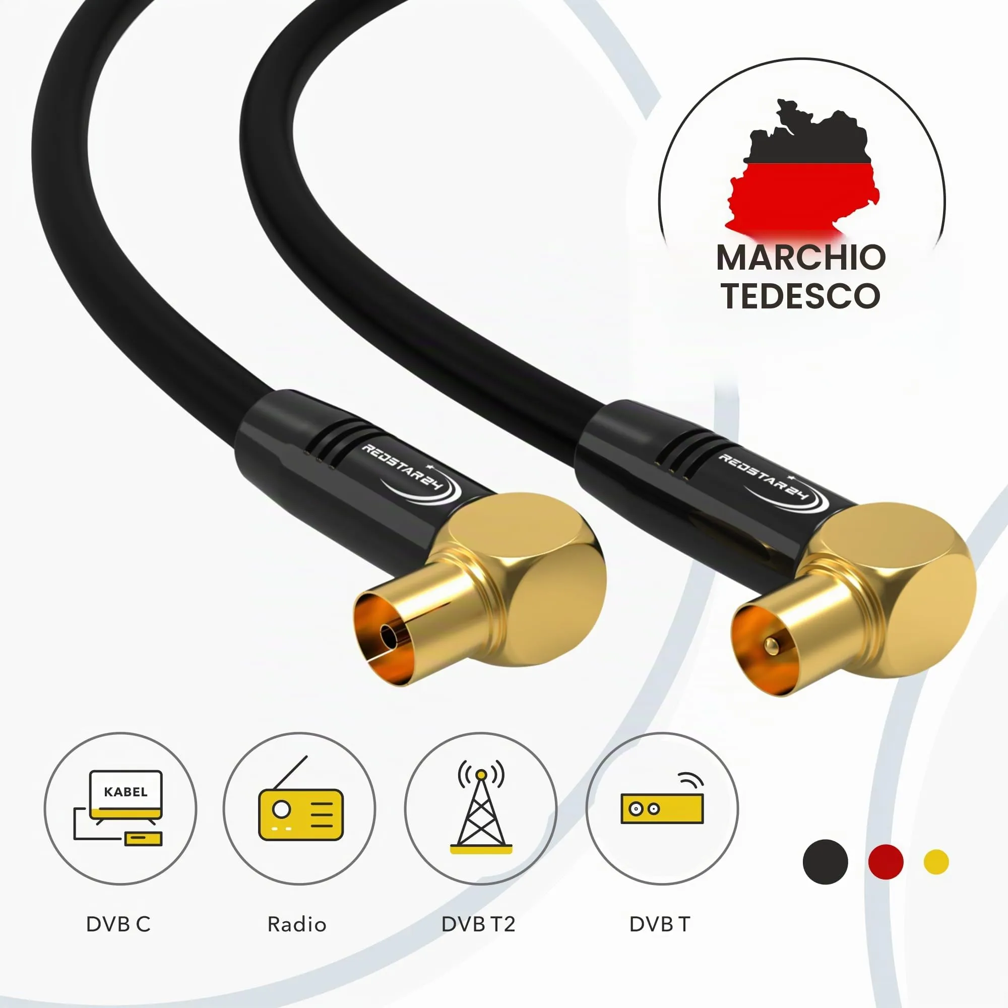 RedStar24 Cavo Antenna Coassiale 3m Nero, 90° Angolato Maschio a Femmina, Compatibile con HDTV, TV, Radio, DVB-T/T2, DVB-C, DAB - immagine 2