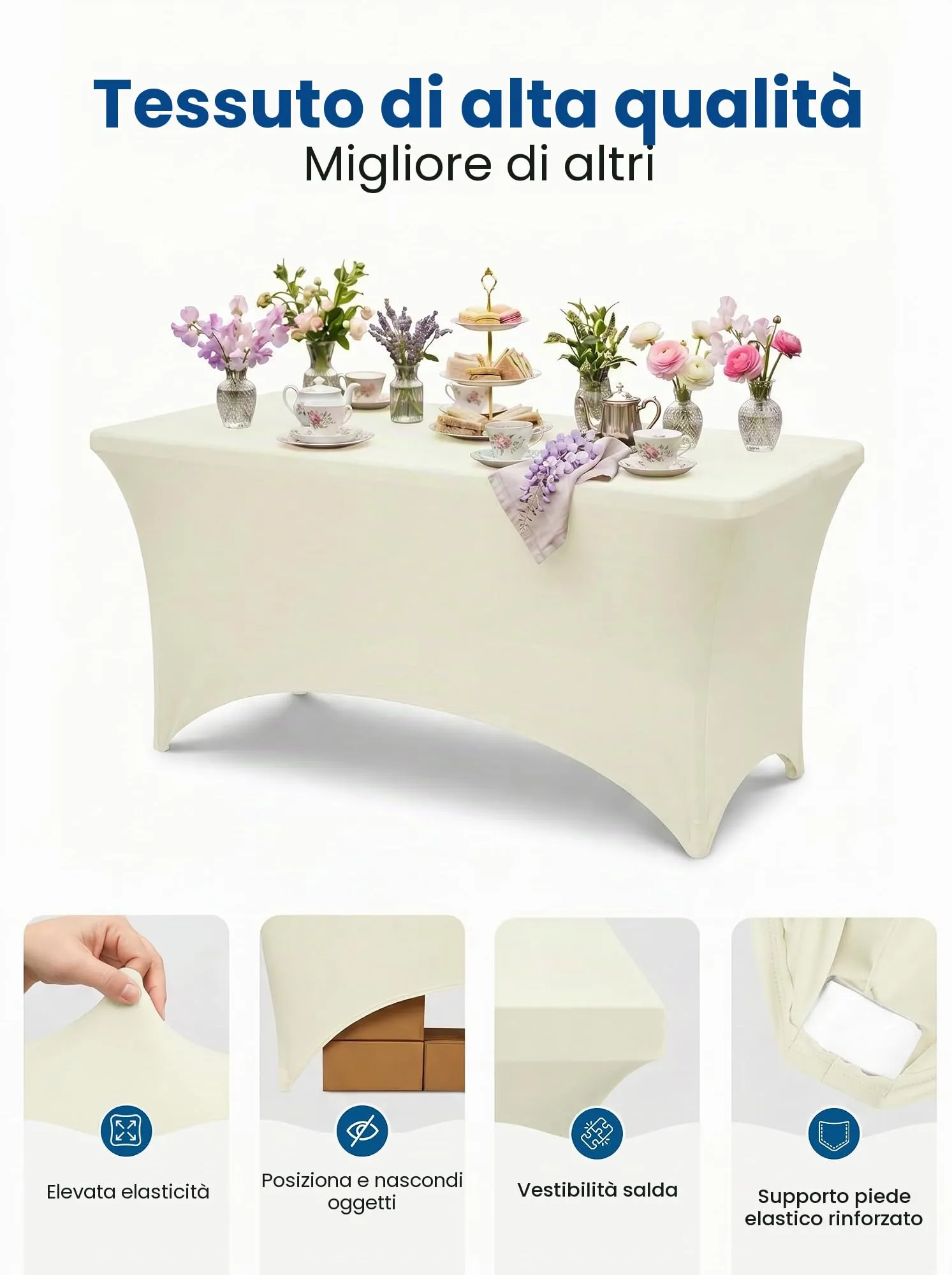 Utopia Kitchen Tovaglia Estensibile in Poliestere e Spandex, 244 cm, Avorio (Confezione da 2) - immagine 5