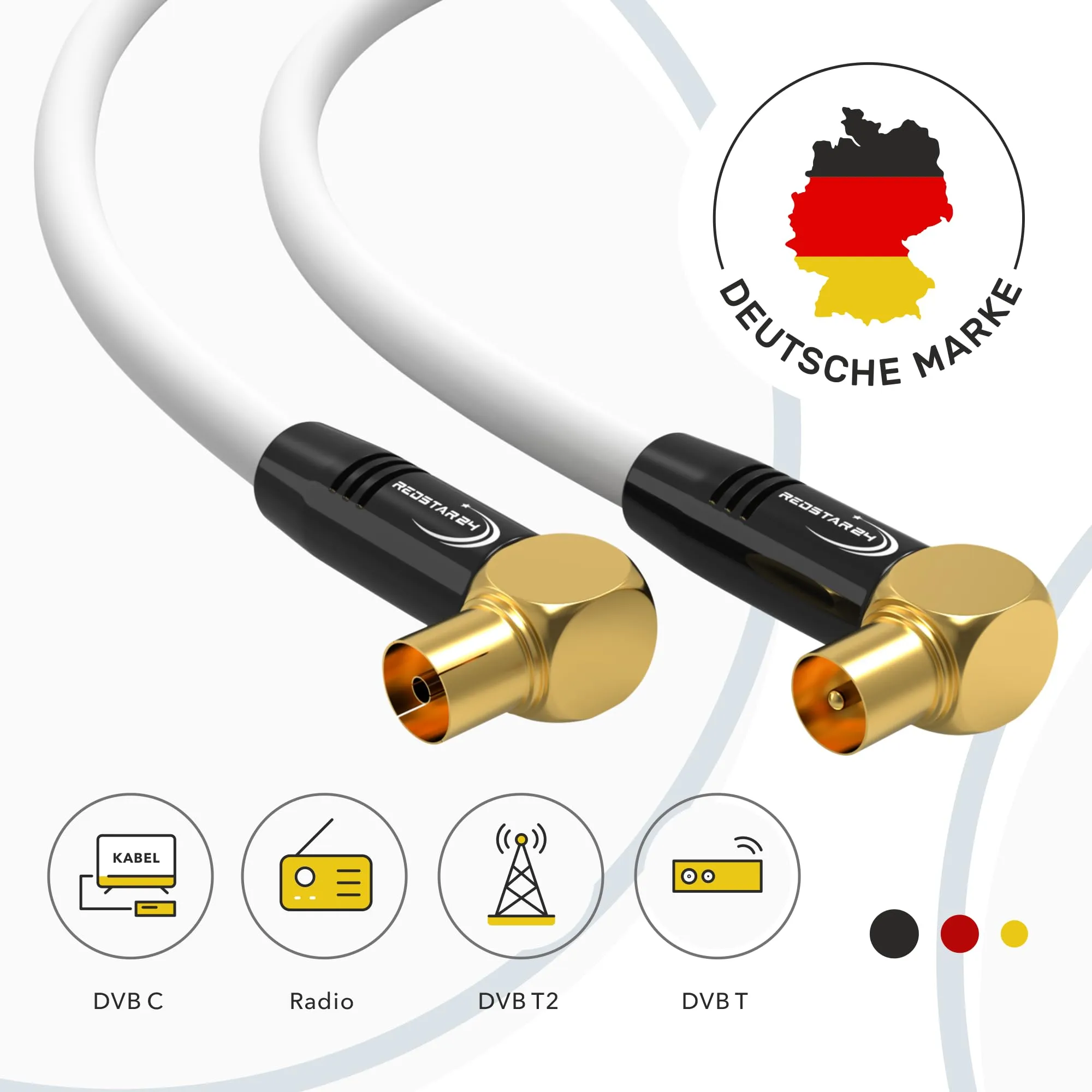 RedStar24 Cavo Antenna 10m Bianco, 90° Angolato Coassiale Maschio a Femmina, HDTV, DVB-T/T2, DVB-C, DAB - immagine 2