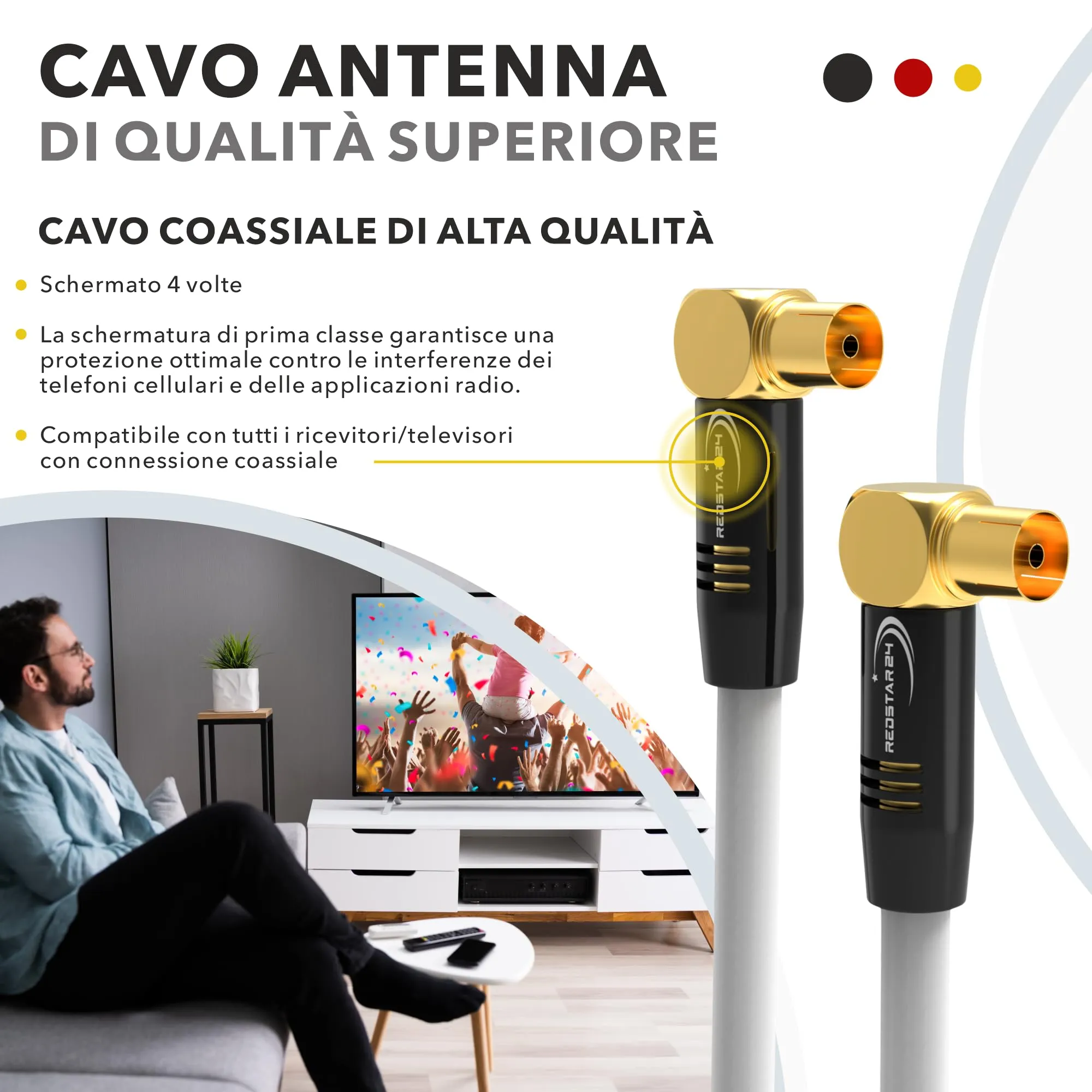 RedStar24 Cavo Antenna Coassiale 2m Bianco, 90° Angolato Maschio a Femmina, HDTV Premium per TV, Radio, DVB-T/T2, DVB-C, DAB - immagine 3