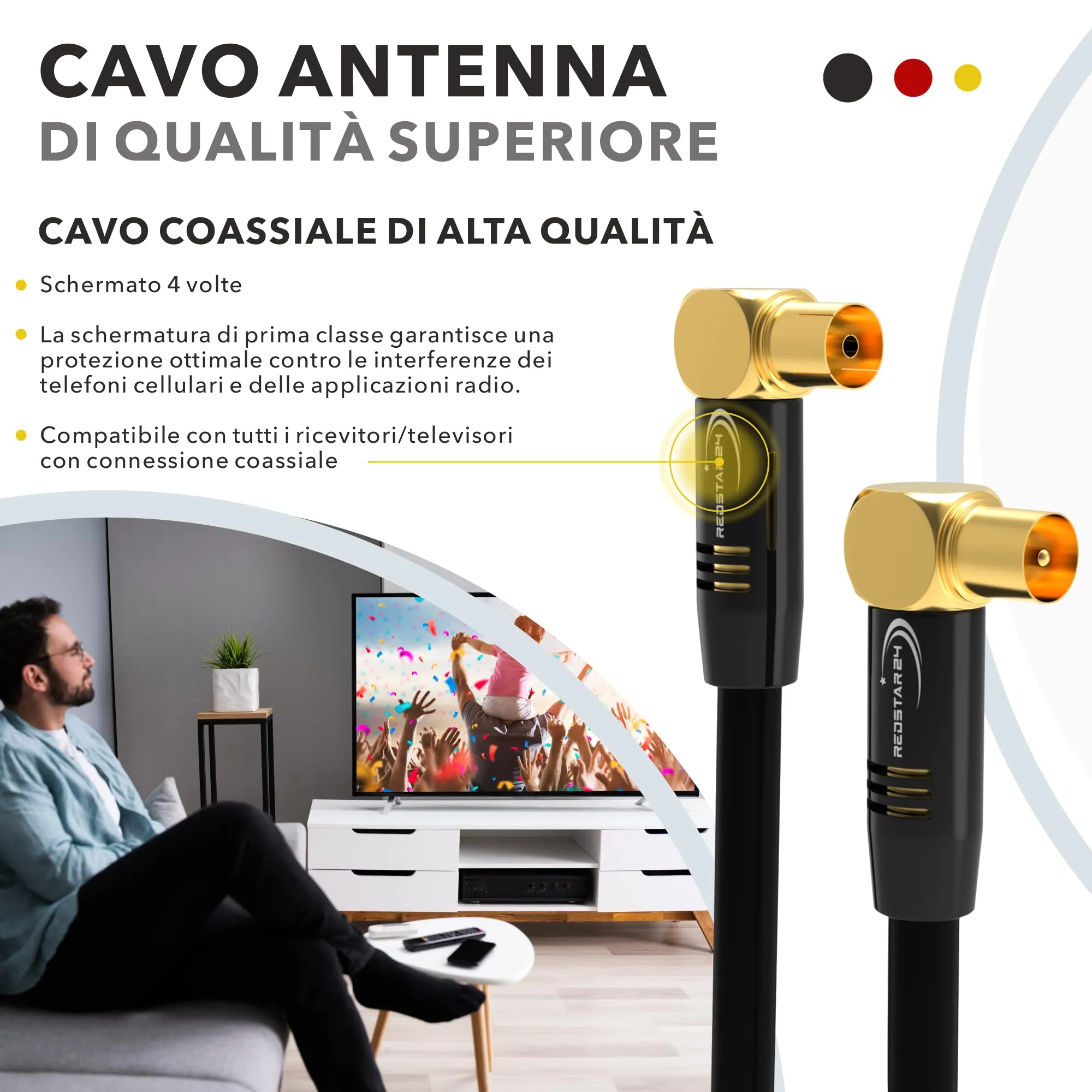 RedStar24 Cavo Antenna Coassiale 4m Nero, 90° Angolato Maschio a Femmina, per TV, Radio, DVB-T/T2, DVB-C, DAB - immagine 3