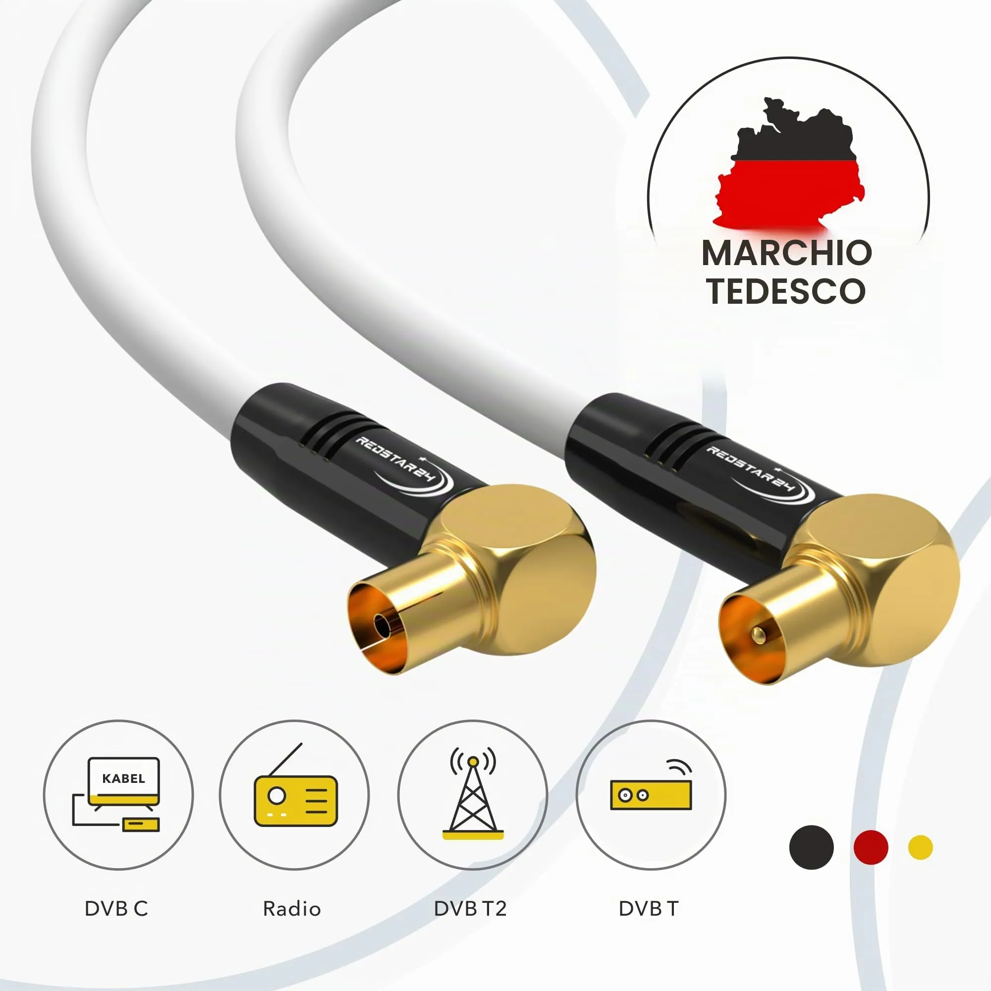 RedStar24 Cavo Antenna 7,5m Bianco, 90° Angolato Coassiale Maschio a Femmina, HDTV Premium per TV, Radio, DVB-T/T2, DVB-C, DAB - immagine 2