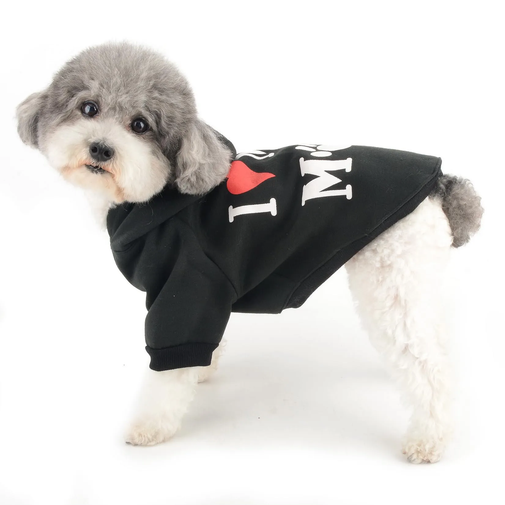 Zunea Felpa con Cappuccio per Cani con Foro per Pettorina, Stampa I Love My Mom, Nero, XS - immagine 2