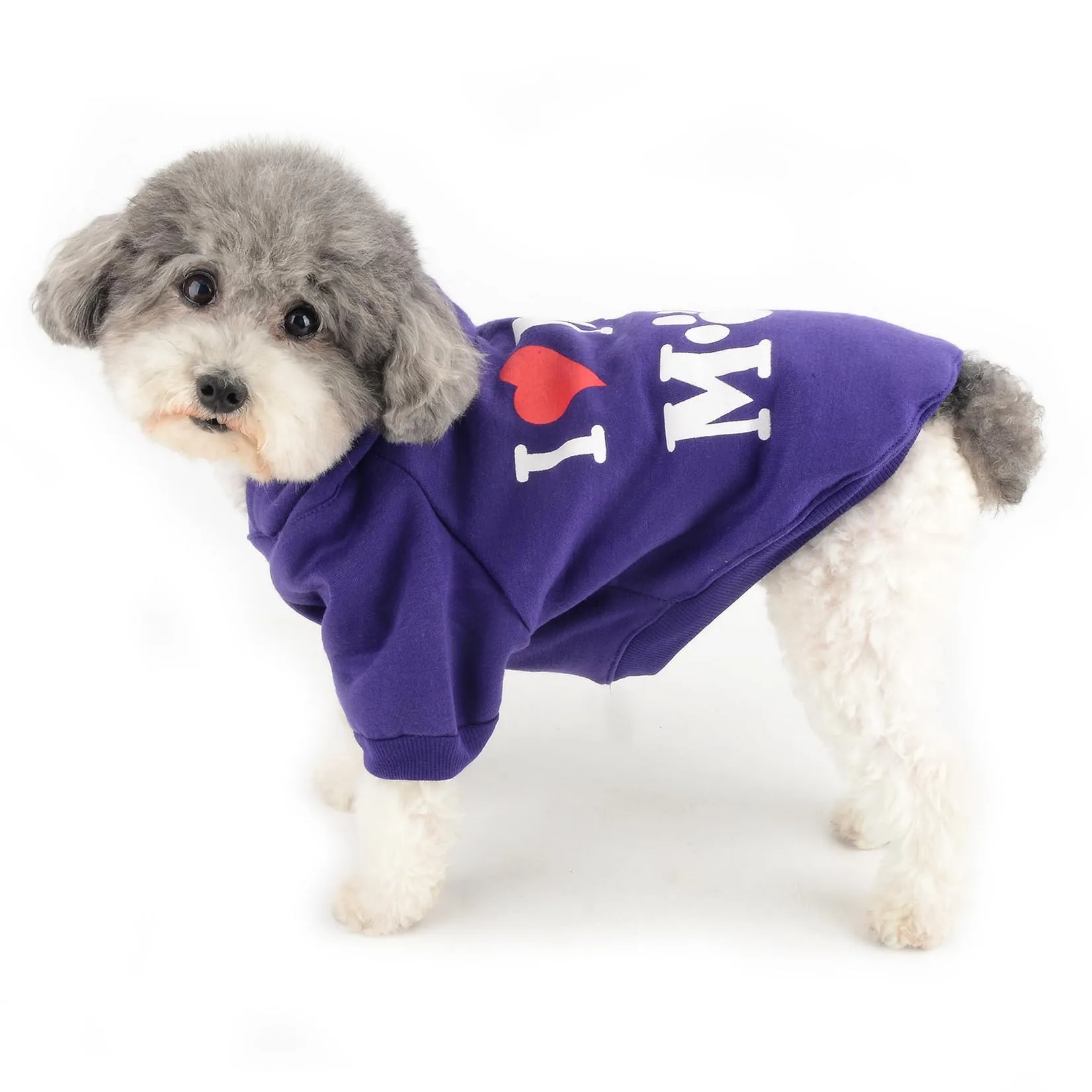 Zunea Felpa con Cappuccio per Cani di Piccola Taglia con Foro per Pettorina, I Love My Mom, Viola S - immagine 2