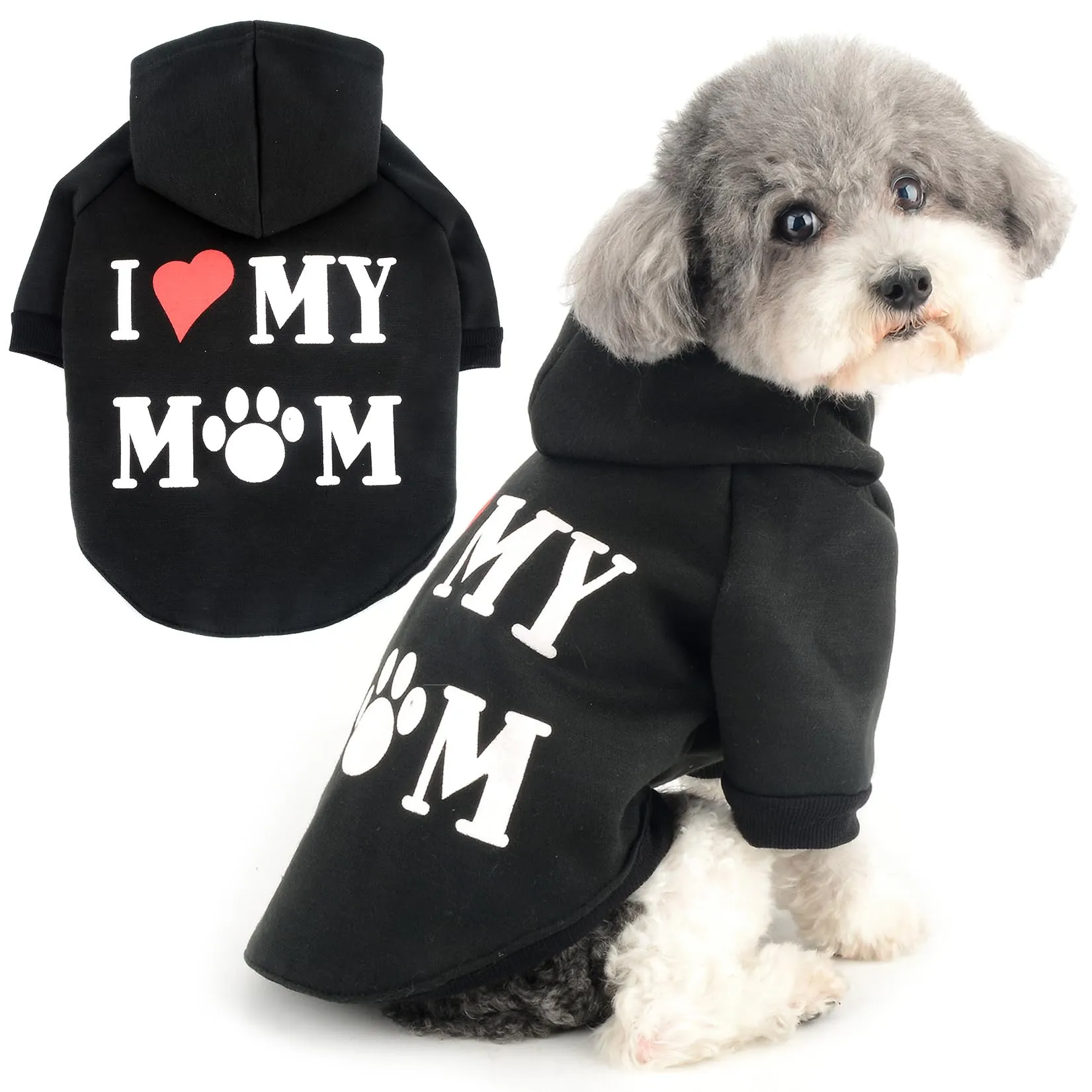 Zunea Felpa con Cappuccio per Cani con Foro per Pettorina, I Love My Mom, Nero, S - immagine 1