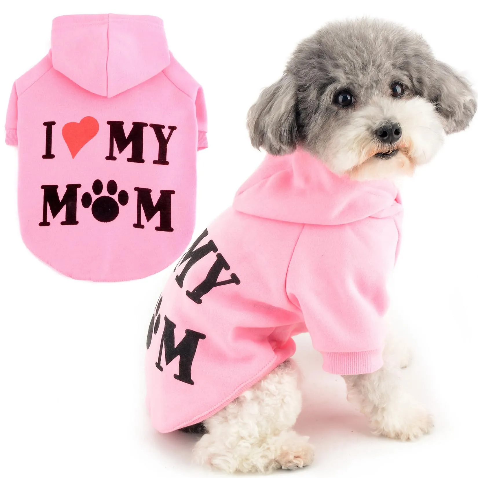 Zunea Felpa con Cappuccio per Cani con Foro per Pettorina I Love My Mom, Rosa, XL - immagine 1