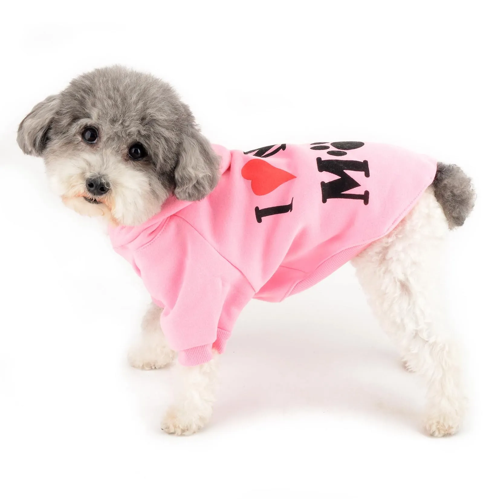 Zunea Felpa con Cappuccio per Cani con Foro per Pettorina I Love My Mom, Rosa, XL - immagine 2