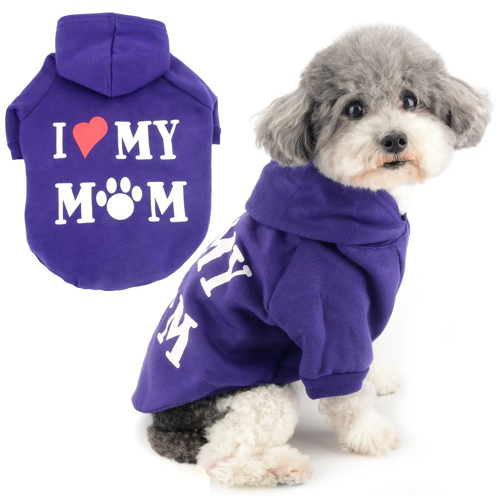 Zunea Felpa con Cappuccio per Cani, Foro per Pettorina, Stampa I Love My Mom, Viola, XS - immagine 1