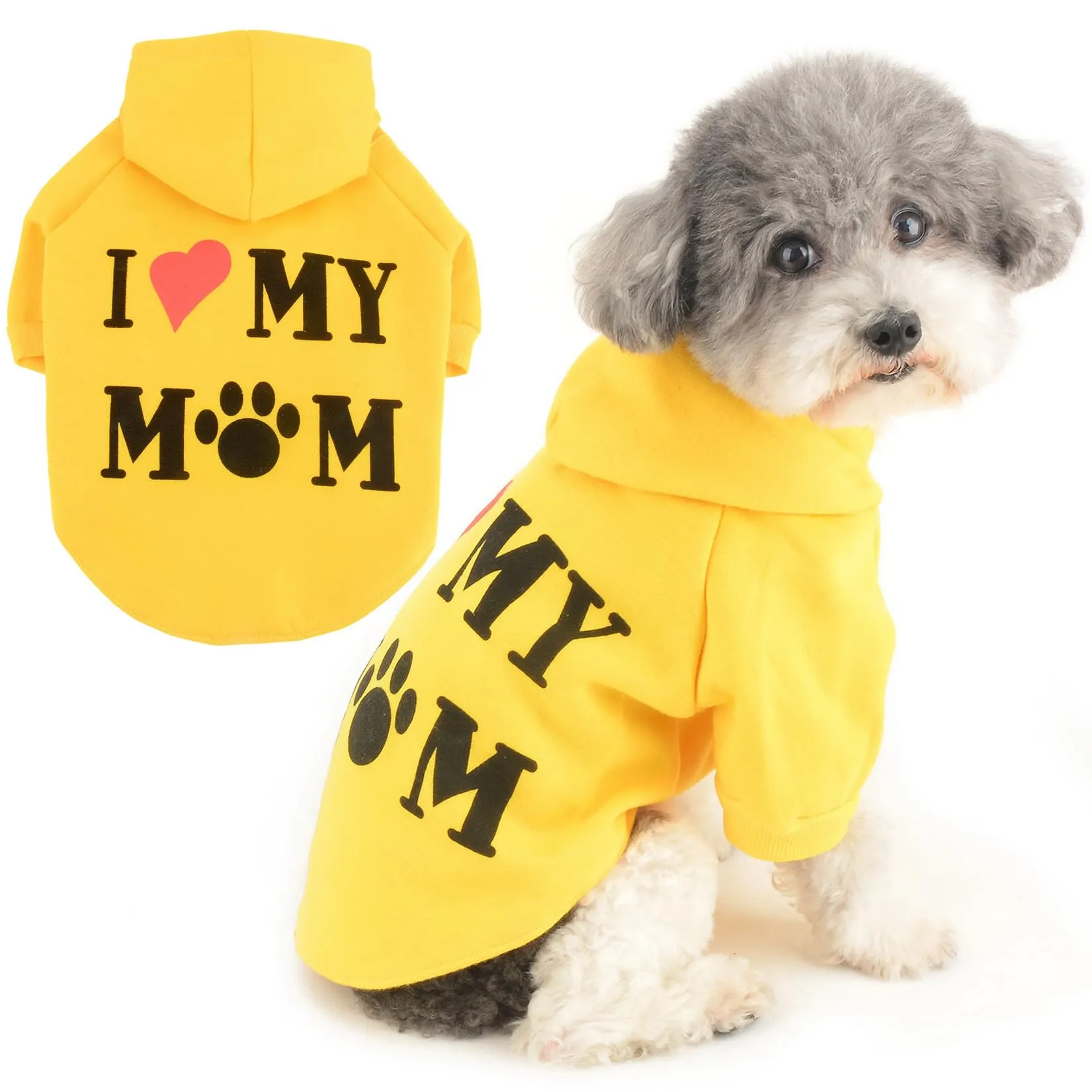Zunea Felpa con Cappuccio per Cani di Piccola Taglia con Foro per Pettorina, I Love My Mom, Giallo M - immagine 1