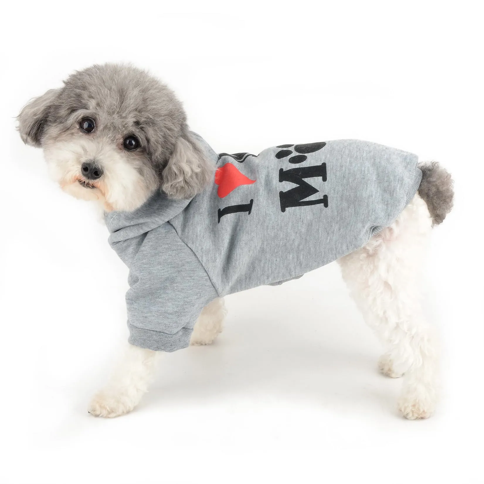 Zunea Felpa con Cappuccio per Cani con Foro per Pettorina I Love My Mom, Grigio, S - immagine 2