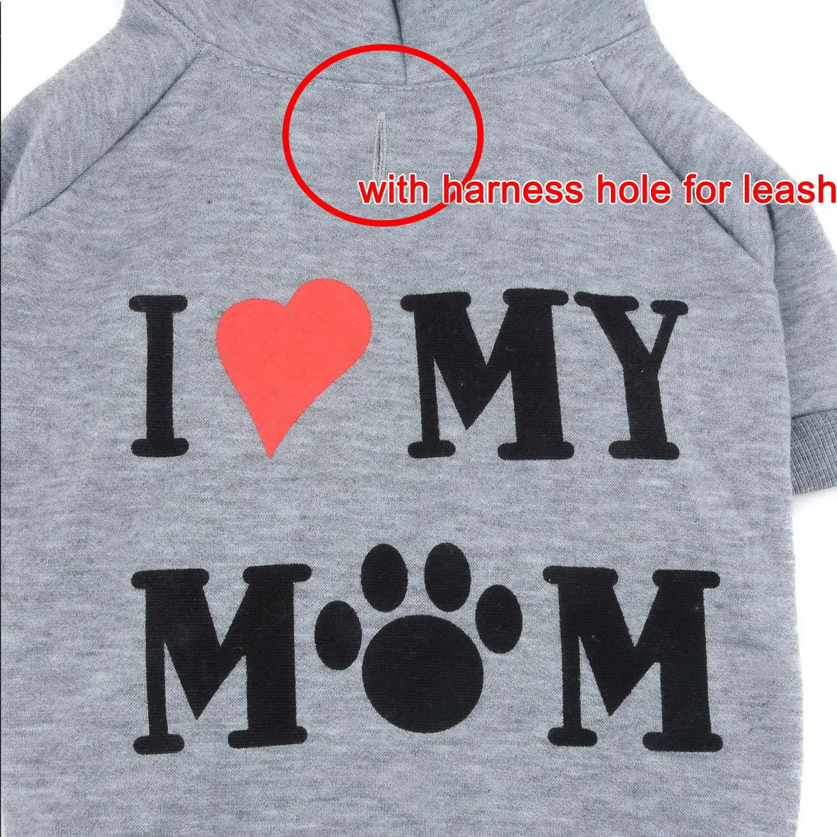Zunea Felpa con Cappuccio per Cani con Foro per Pettorina I Love My Mom, Grigio, S - immagine 5