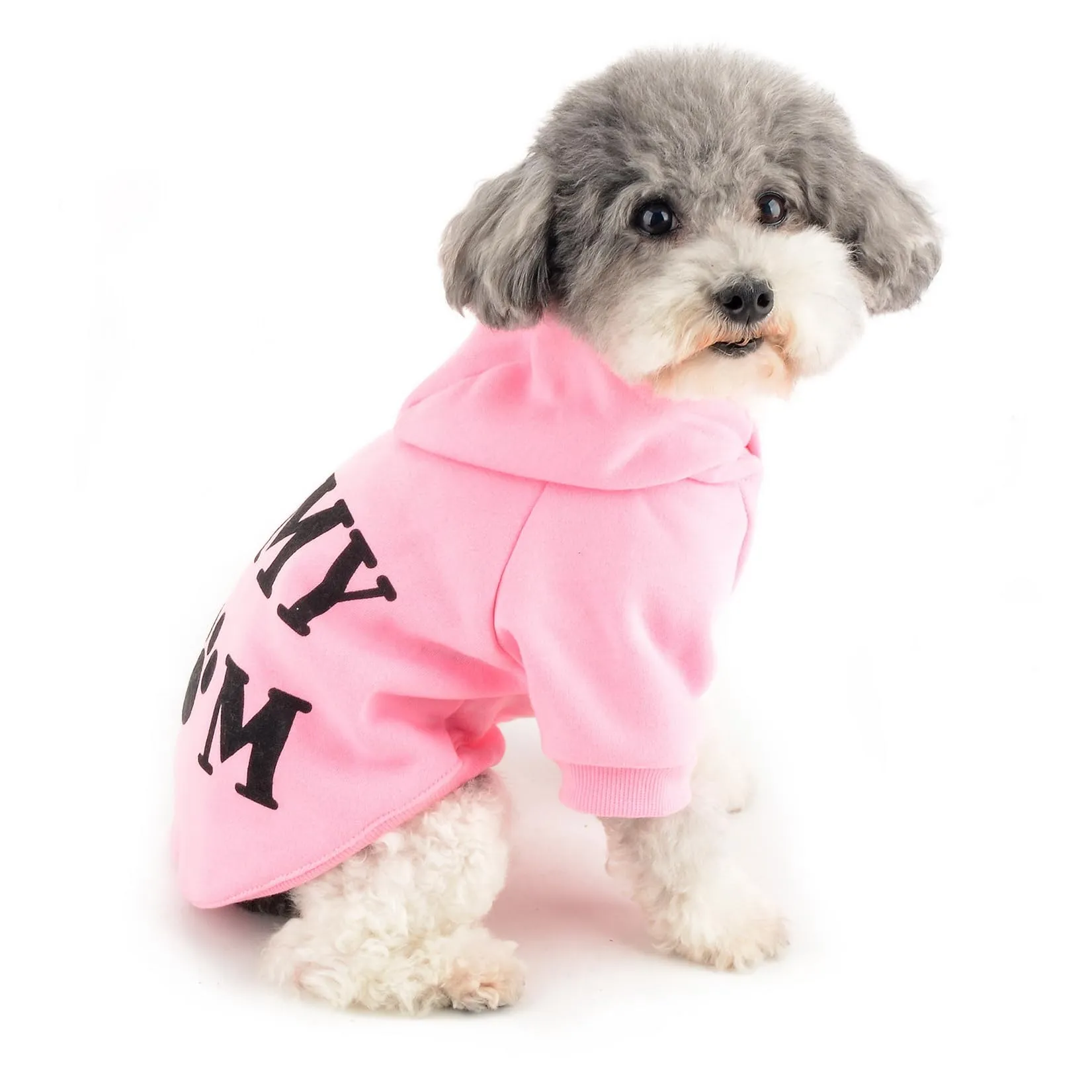 Zunea Felpa con Cappuccio per Cani di Piccola Taglia con Foro per Pettorina I Love My Mom, Rosa, XS - immagine 8