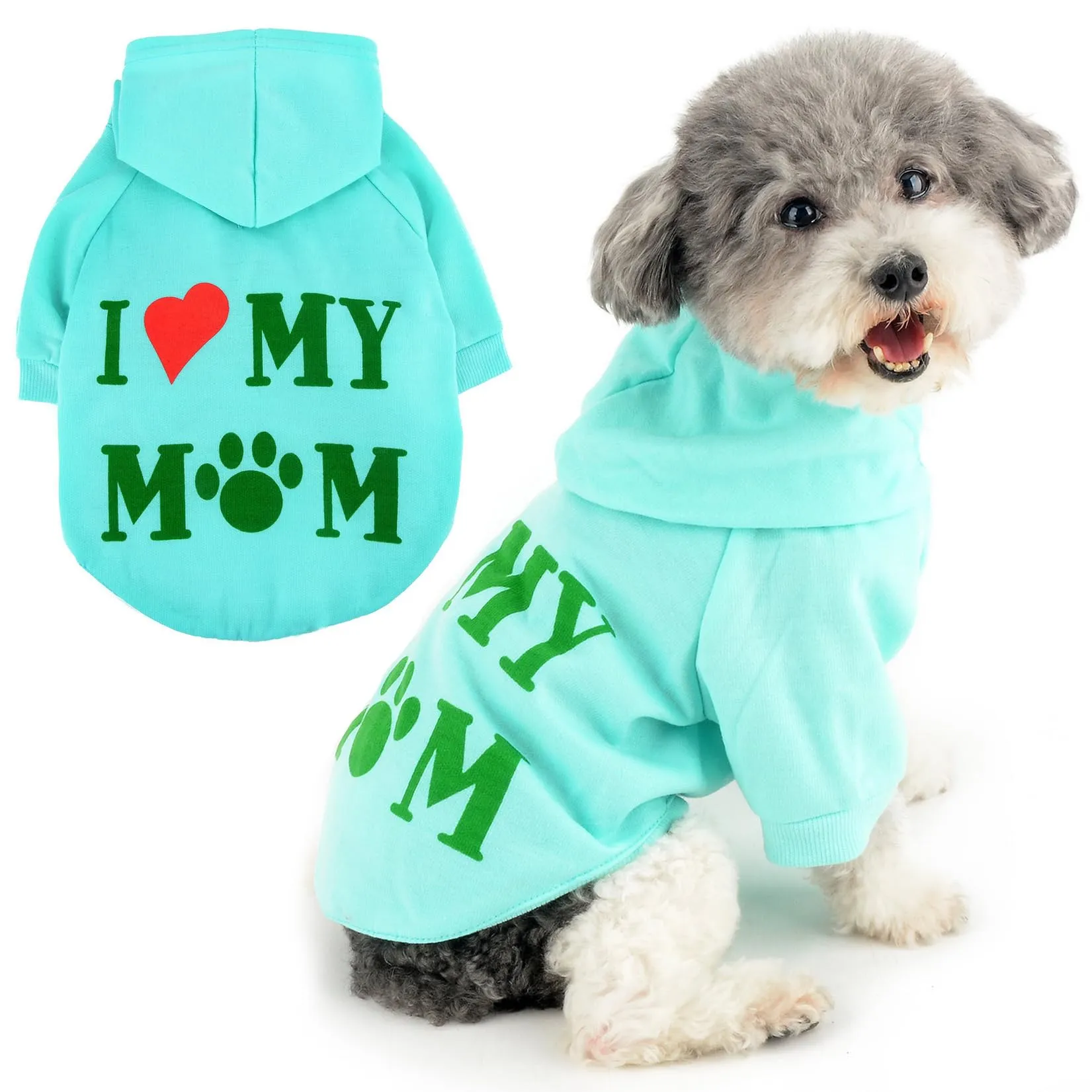 Zunea Felpa con Cappuccio per Cani Piccola Taglia, Stampa I Love My Mom, Foro per Pettorina, Verdechiaro, XL - immagine 1