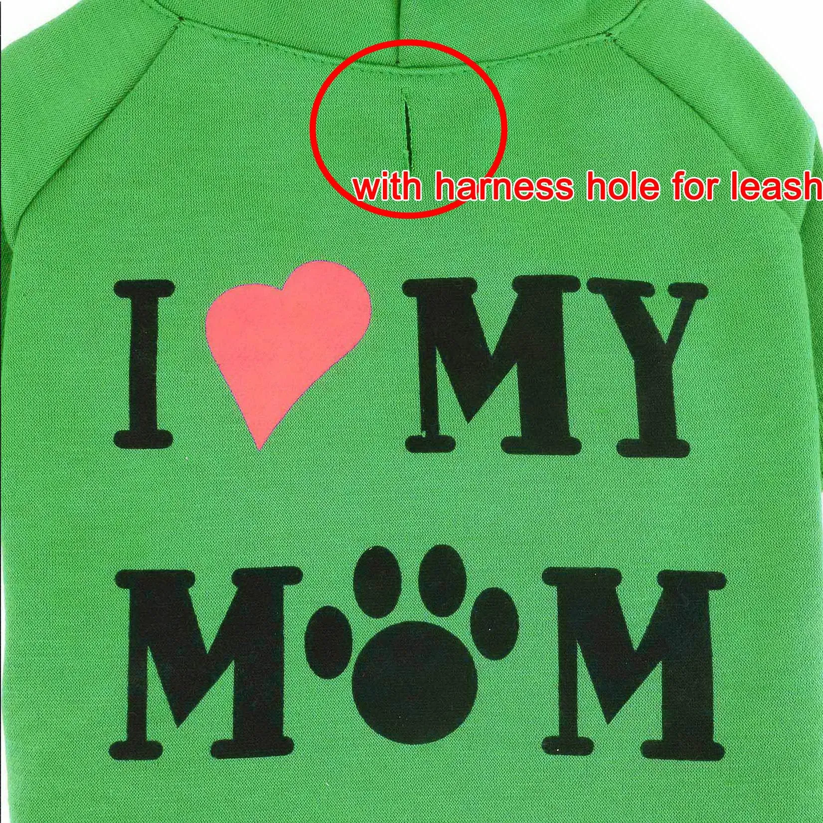 Zunea Felpa con Cappuccio per Cani di Piccola Taglia con Foro per Pettorina, Stampa I Love My Mom, Verde, M - immagine 5