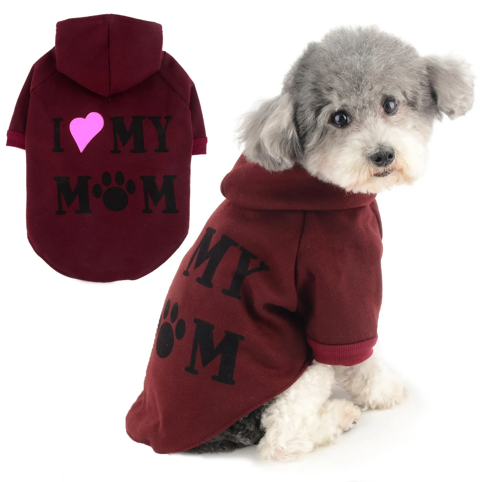 Zunea Felpa con Cappuccio per Cani con Foro per Pettorina, I Love My Mom, Vino, XL - immagine 1