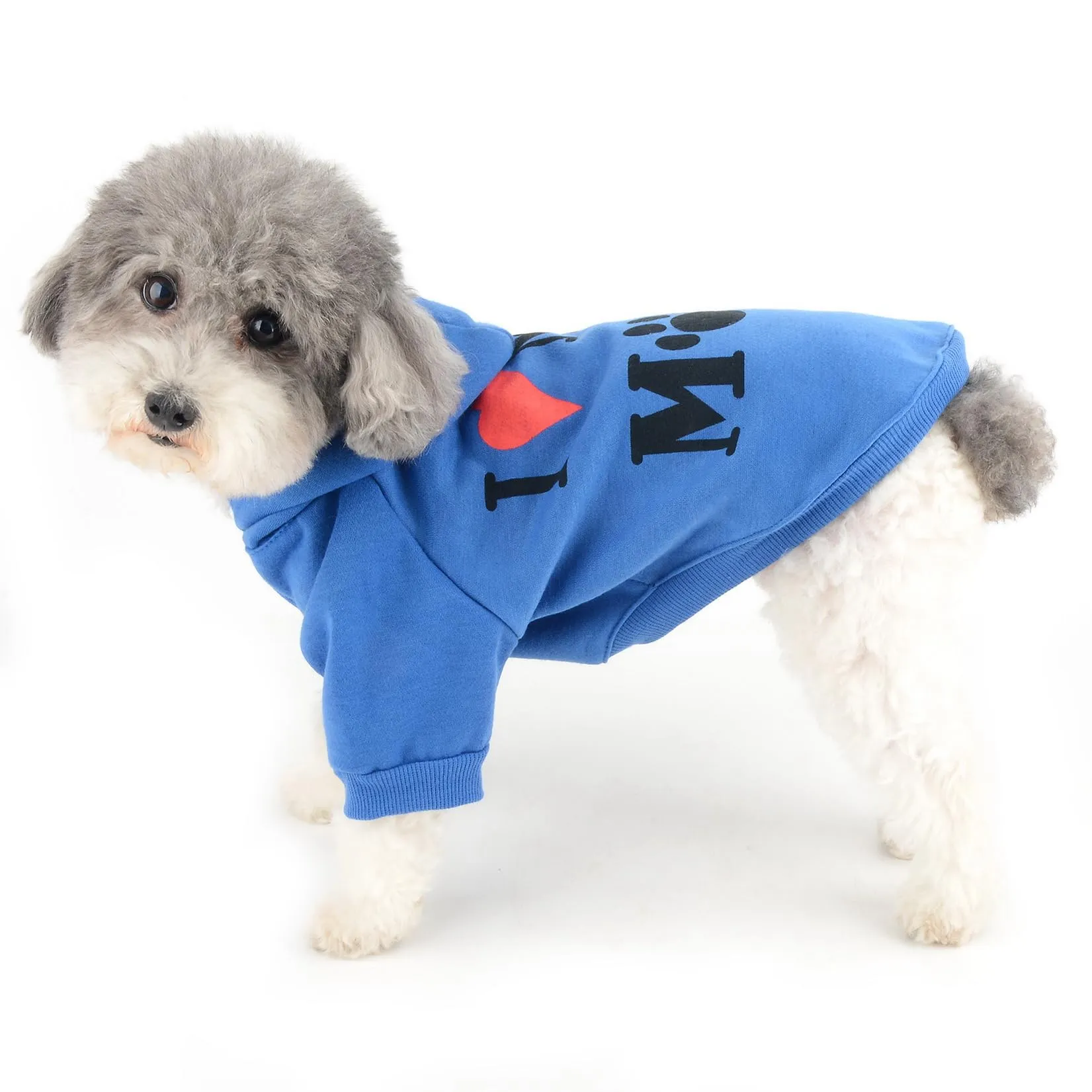 Zunea Felpa con Cappuccio per Cani con Foro per Pettorina, I Love My Mom, Blu Scuro, XL - immagine 2