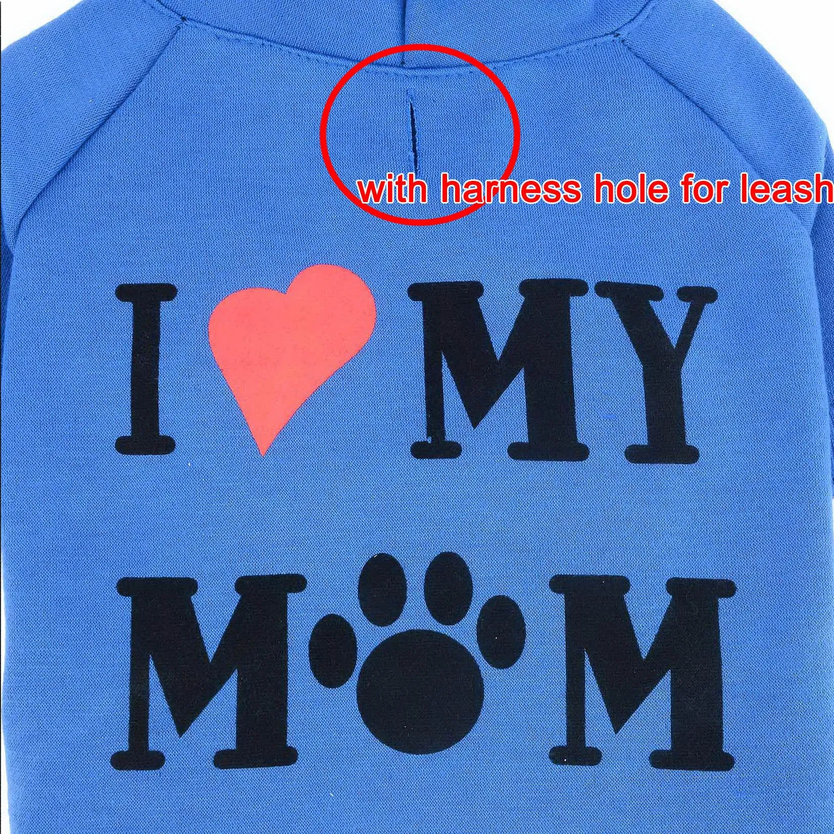 Zunea Felpa con Cappuccio per Cani con Foro per Pettorina, I Love My Mom, Blu Scuro, XL - immagine 5