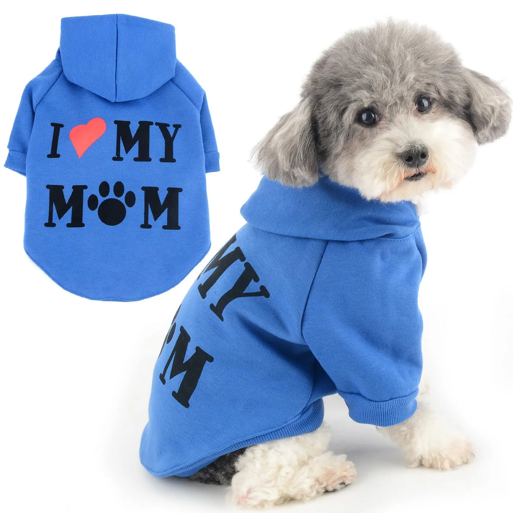 Zunea Felpa con Cappuccio per Cani con Foro per Pettorina I Love My Mom, Blu Scuro, XS - immagine 1