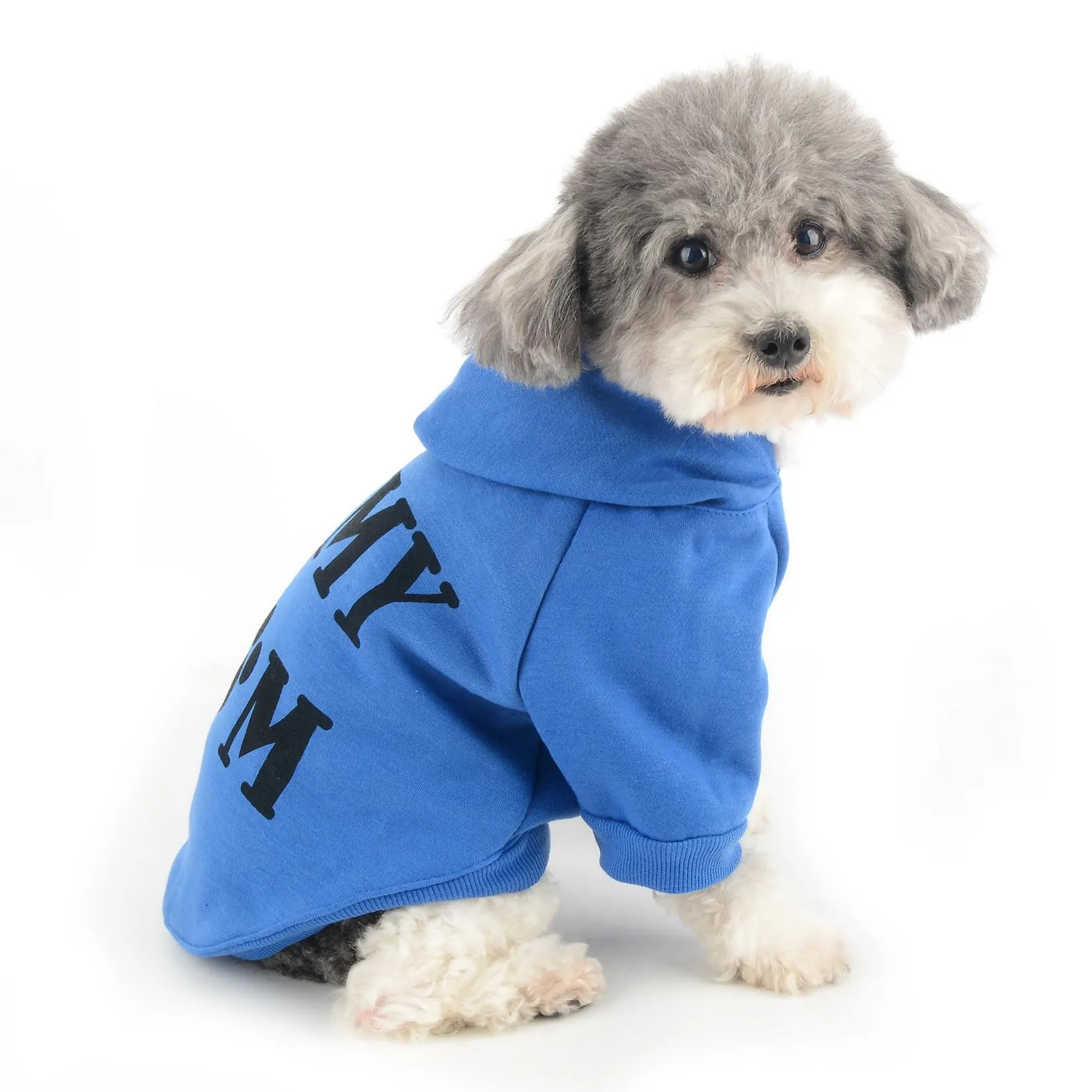 Zunea Felpa con Cappuccio per Cani con Foro per Pettorina I Love My Mom, Blu Scuro, XS - immagine 8