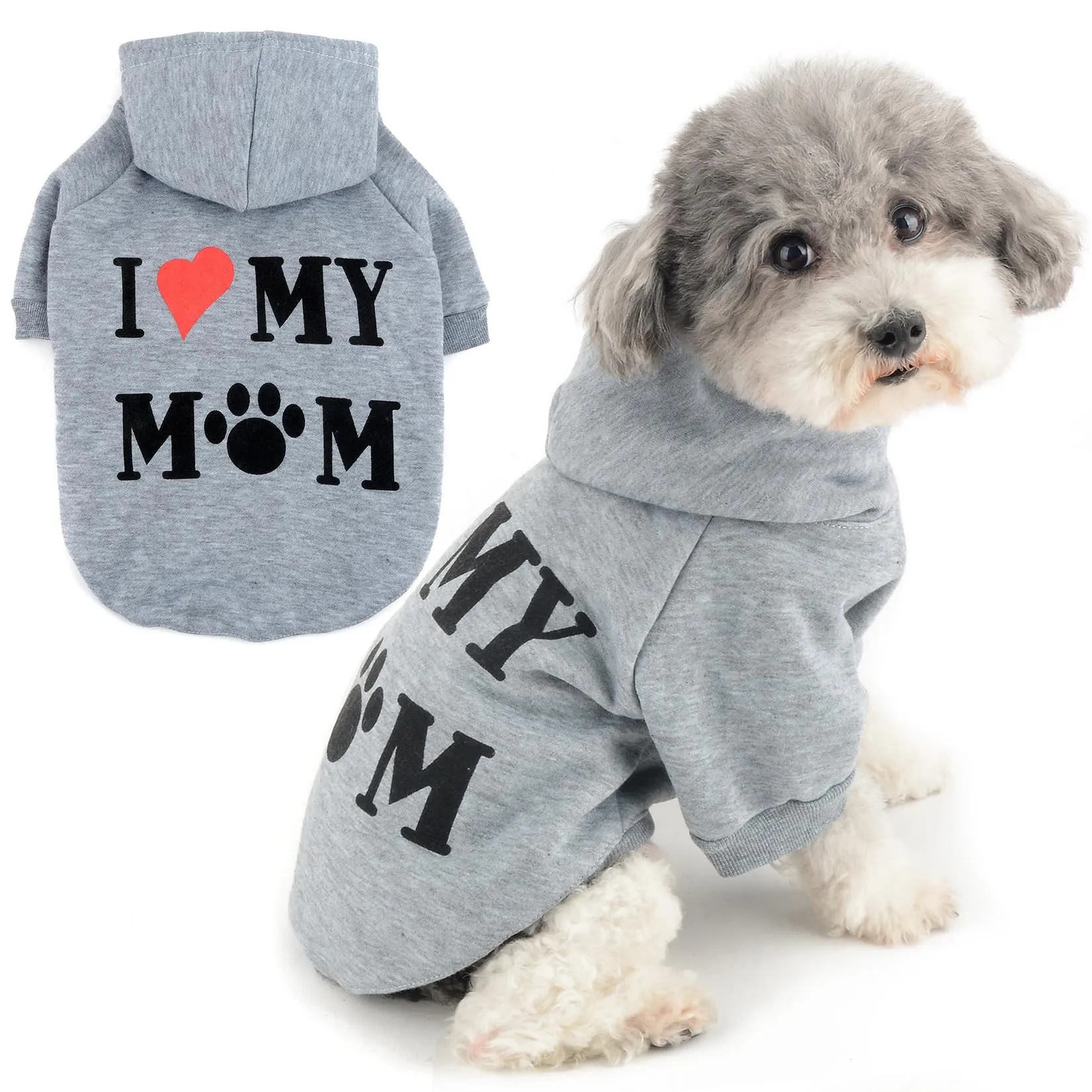 Zunea Felpa con Cappuccio per Cani con Foro per Pettorina I Love My Mom, Grigio, L - immagine 1