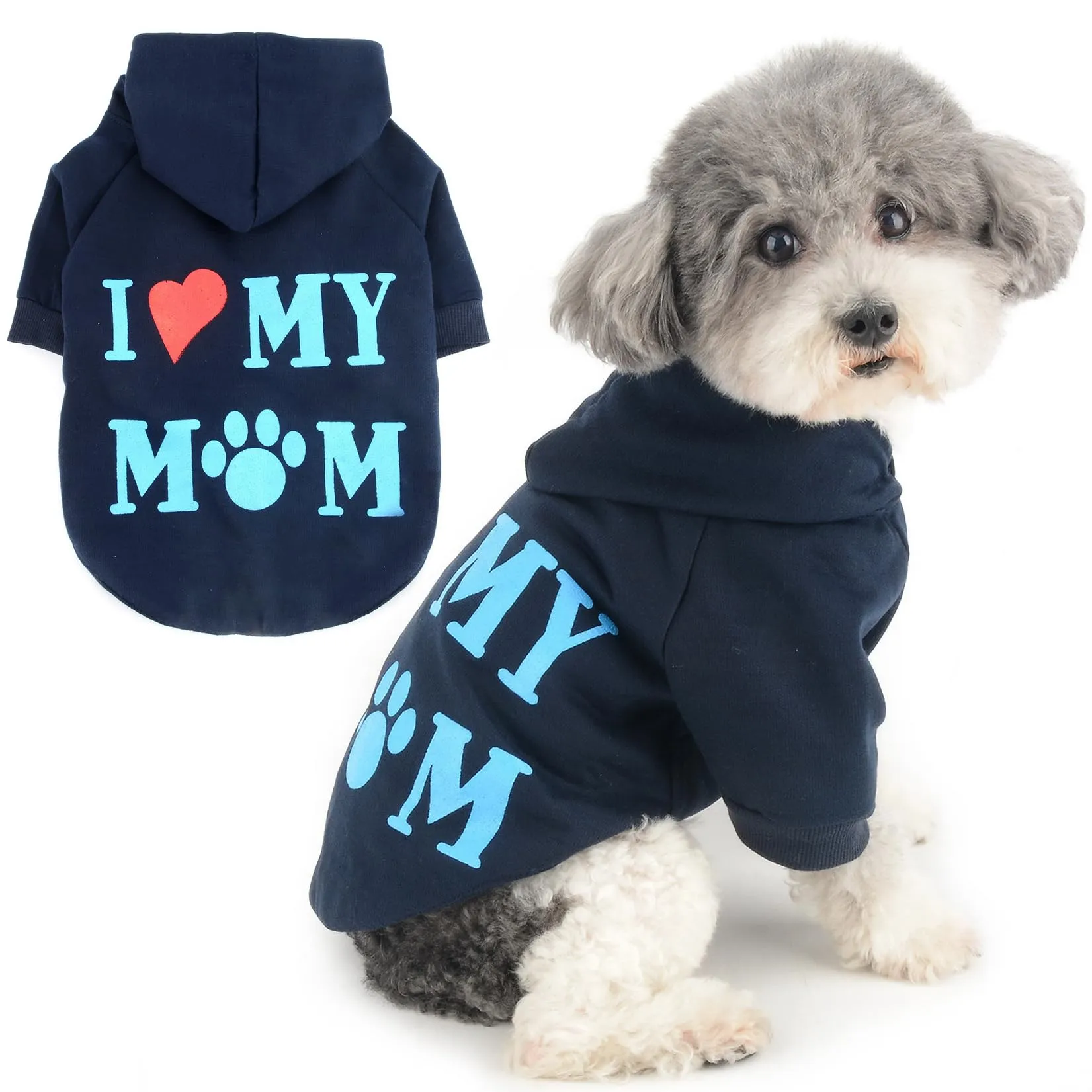 Zunea Felpa con Cappuccio per Cani con Foro per Pettorina I Love My Mom, Blu Navy, XS - immagine 1