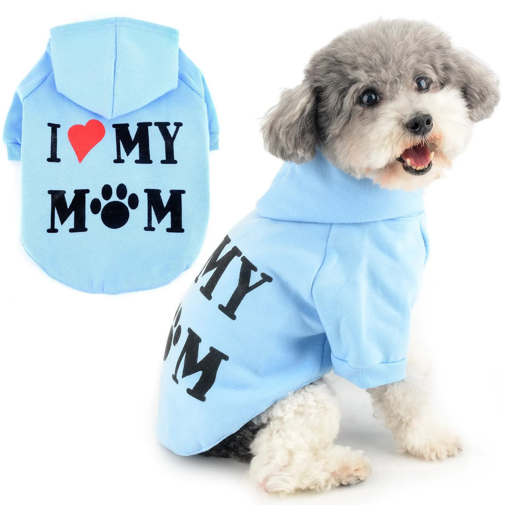 Zunea Felpa con Cappuccio per Cani con Foro per Pettorina I Love My Mom Blu XS - immagine 1