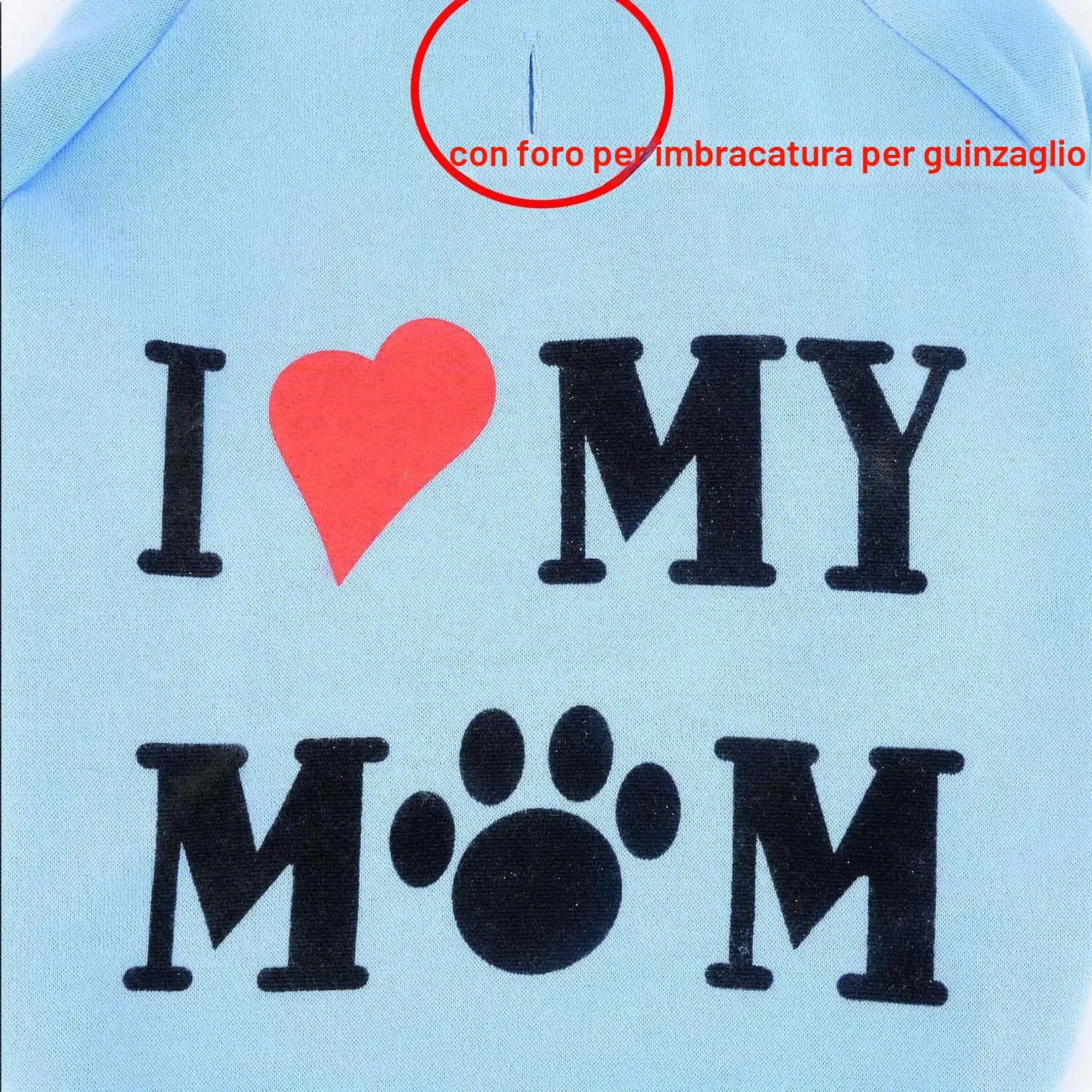 Zunea Felpa con Cappuccio per Cani con Foro per Pettorina I Love My Mom Blu XS - immagine 5