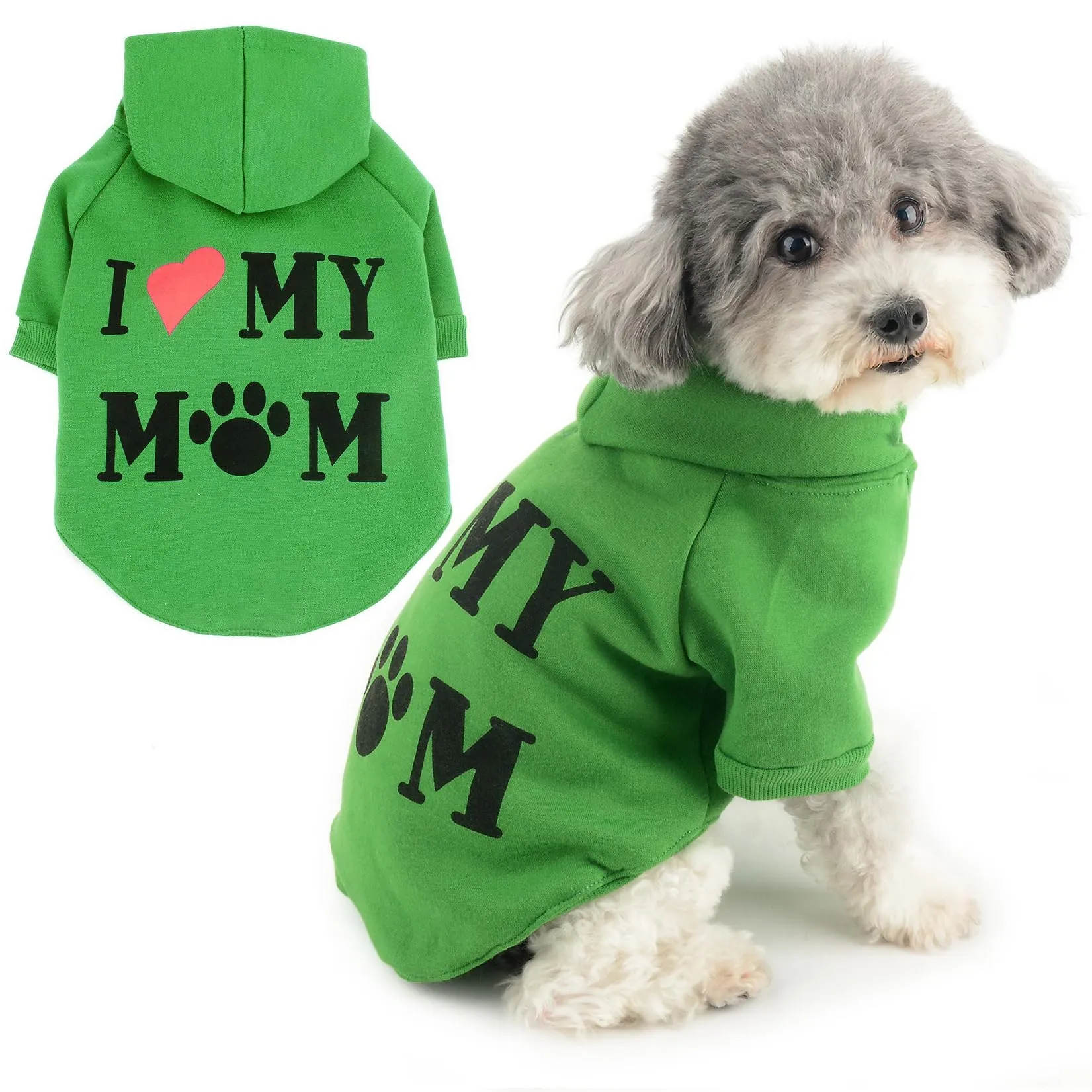 Zunea Felpa con Cappuccio per Cani di Piccola Taglia, con Foro per Pettorina, I Love My Mom, Verde XL - immagine 1