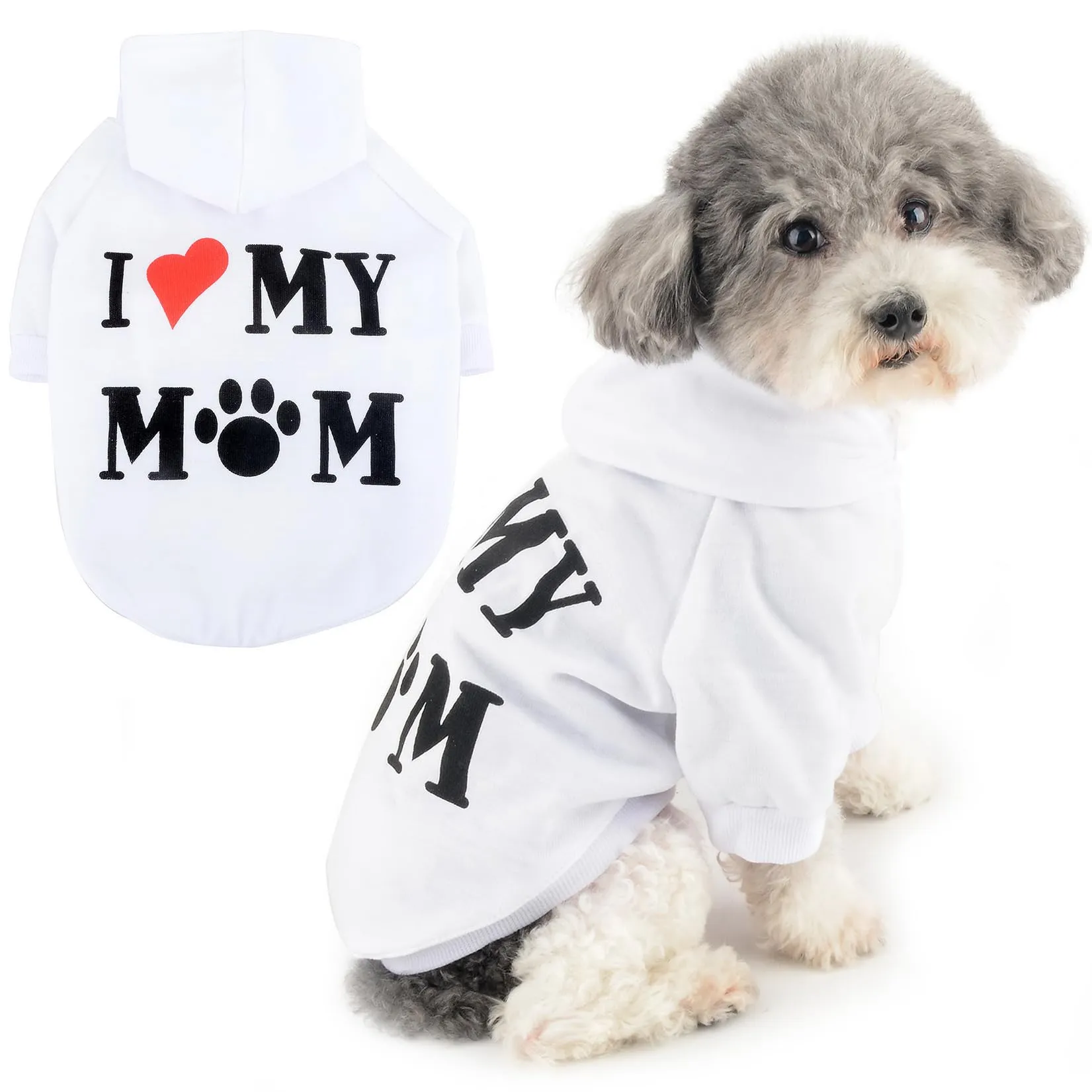 Zunea Felpa con Cappuccio per Cani di Piccola Taglia, I Love My Mom, Bianco L - immagine 1