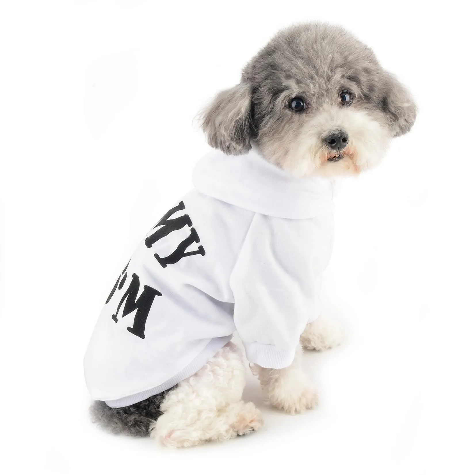 Zunea Felpa con Cappuccio per Cani di Piccola Taglia con Foro per Pettorina, Stampa I Love My Mom, Bianco, XL - immagine 8
