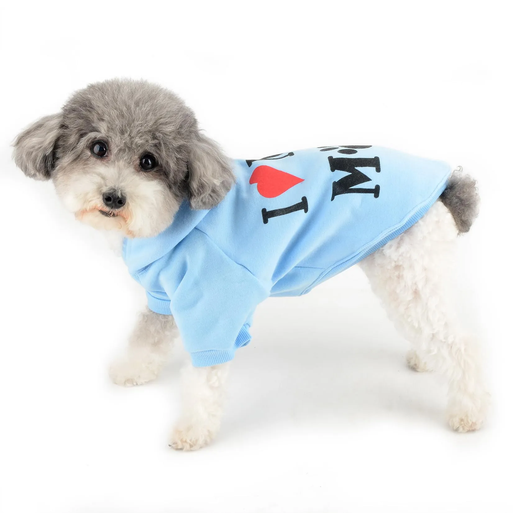 Zunea Felpa con Cappuccio per Cani di Piccola Taglia, I Love My Mom, Foro per Pettorina, Blu, XL - immagine 2