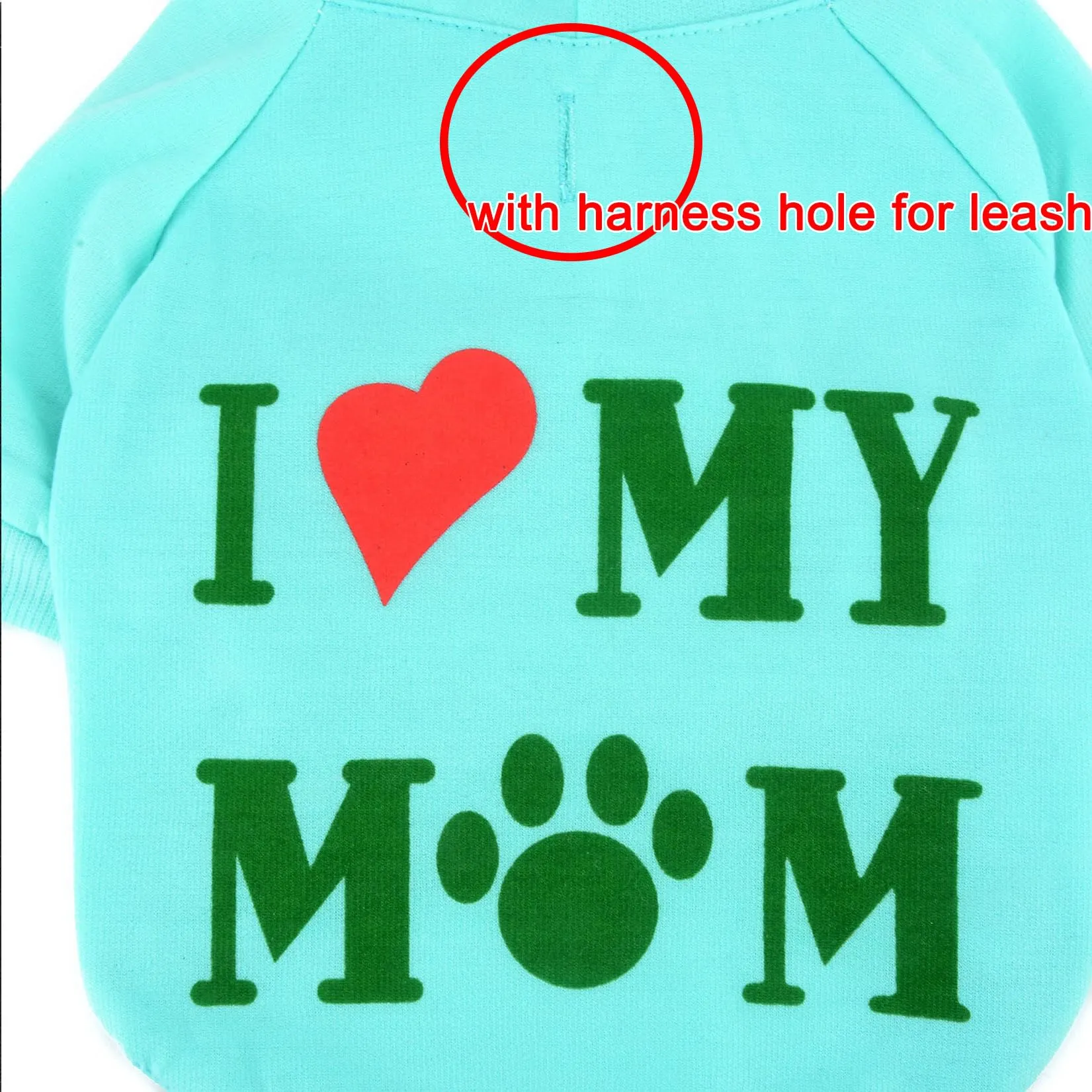 Zunea Felpa con Cappuccio per Cani Piccola Taglia con Foro per Pettorina I Love My Mom, Verdechiaro, M - immagine 5