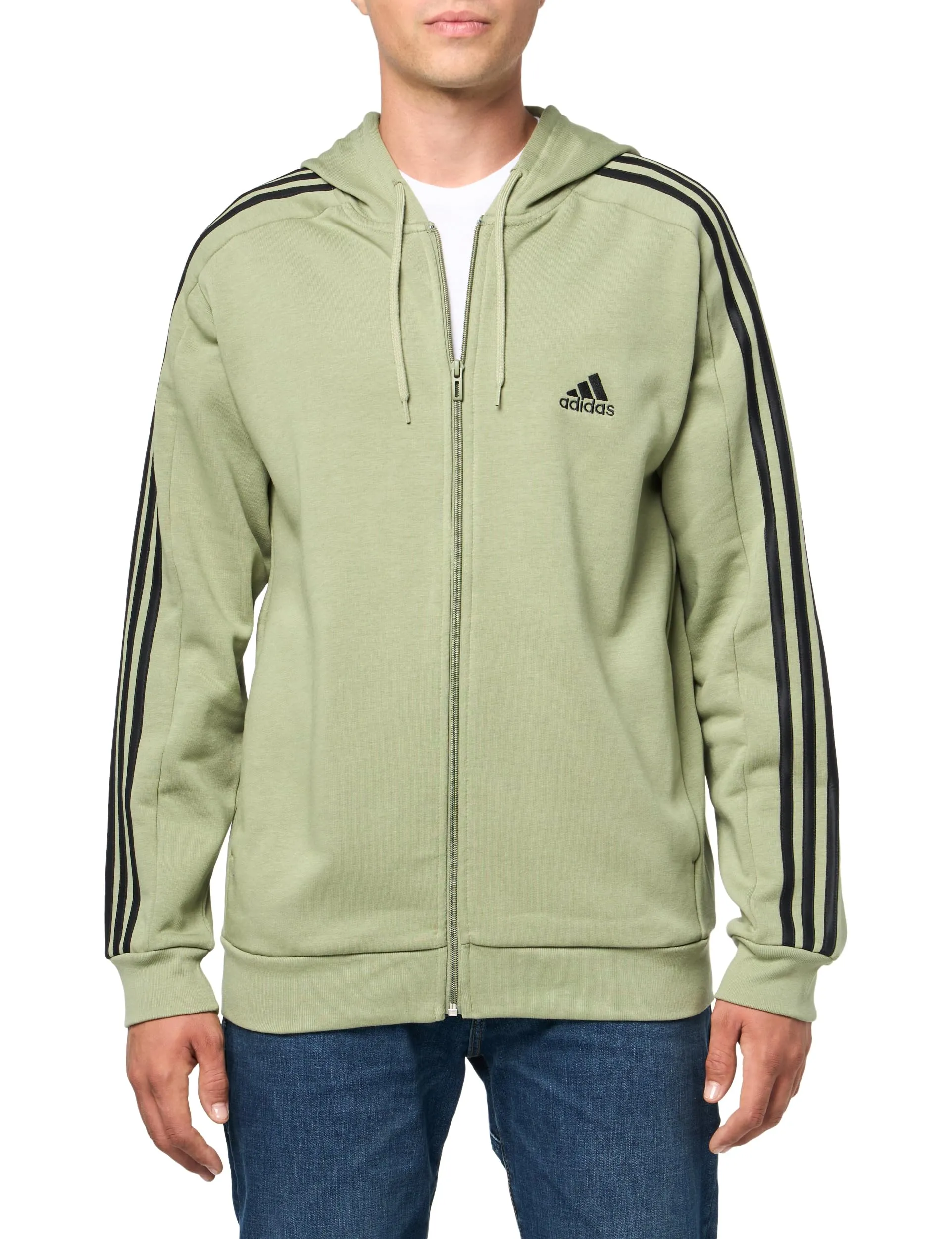 adidas Essentials Felpa con cappuccio in pile con 3 strisce e cerniera intera, verde tenda/nero, S - immagine 1