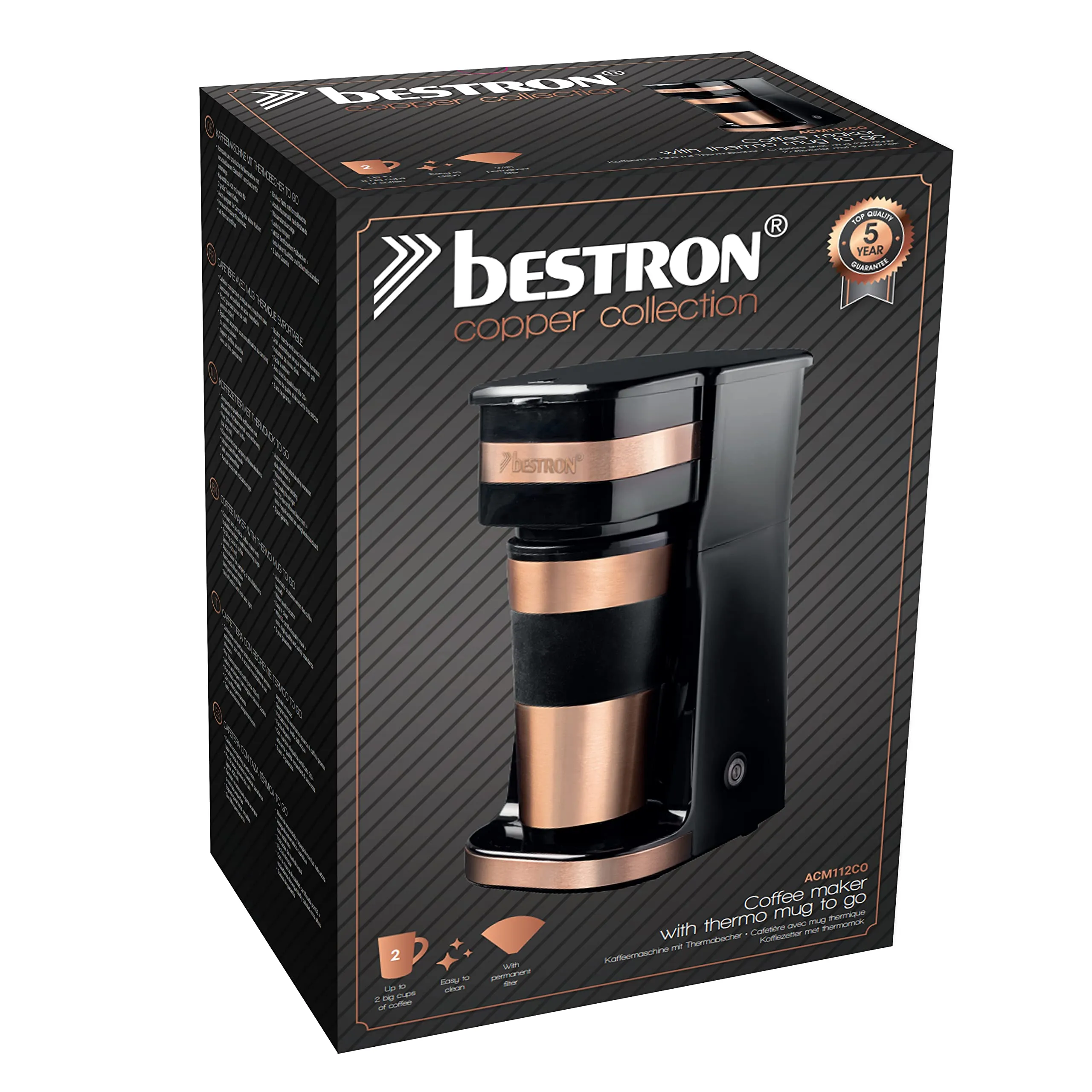 Bestron Caffettiera da Campeggio con Tazza Isolata, ACM112CO, 750W, Acciaio Inox, Rame - immagine 5